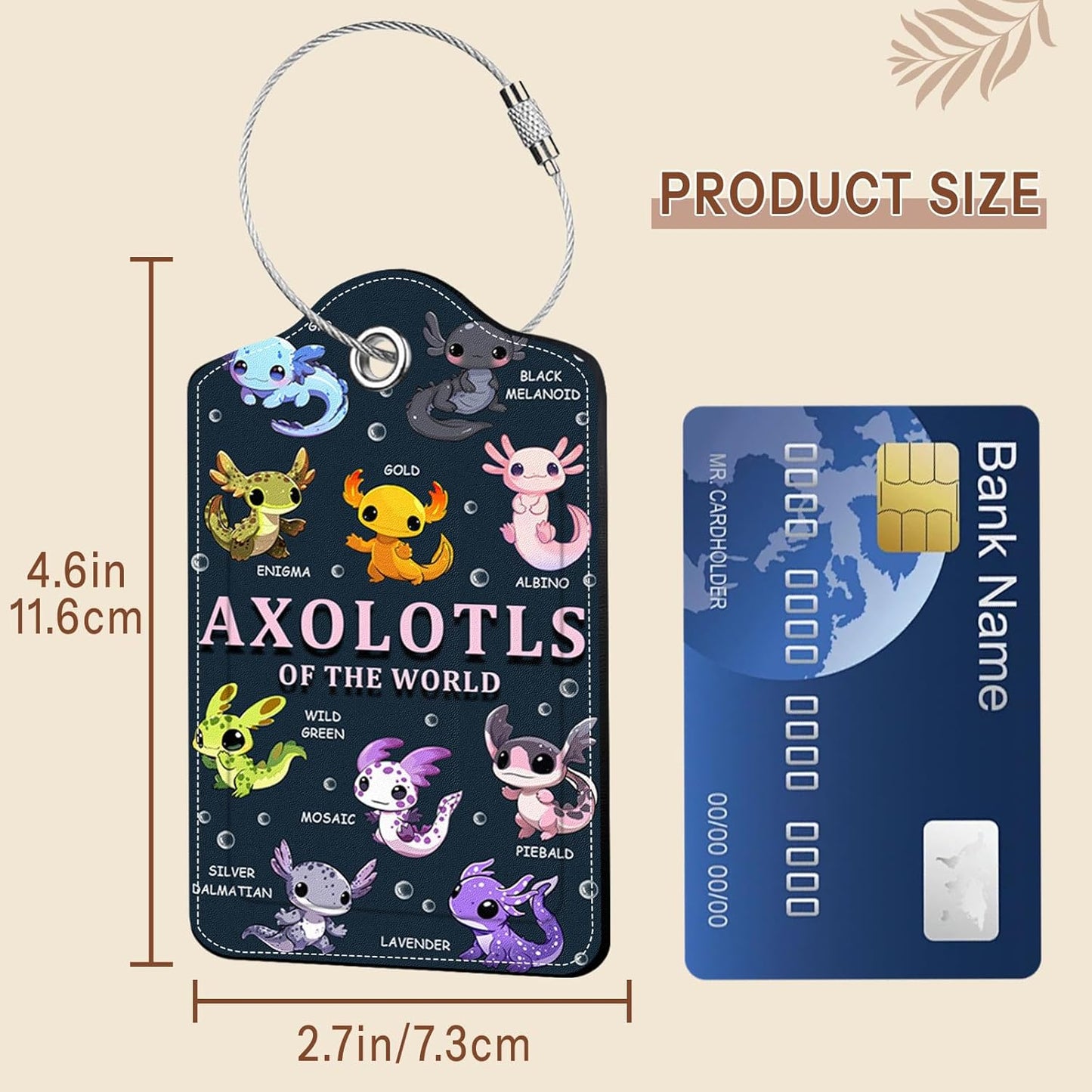 2 Pcs Axolotl Luggage Tags for Suitcase, Leather Luggage Tags Cute, Privacy Cover ID Label with Stainless Steel Loop & Address Card, Axolotl Travel Bag Tag Luggage Accessories for Suitcases