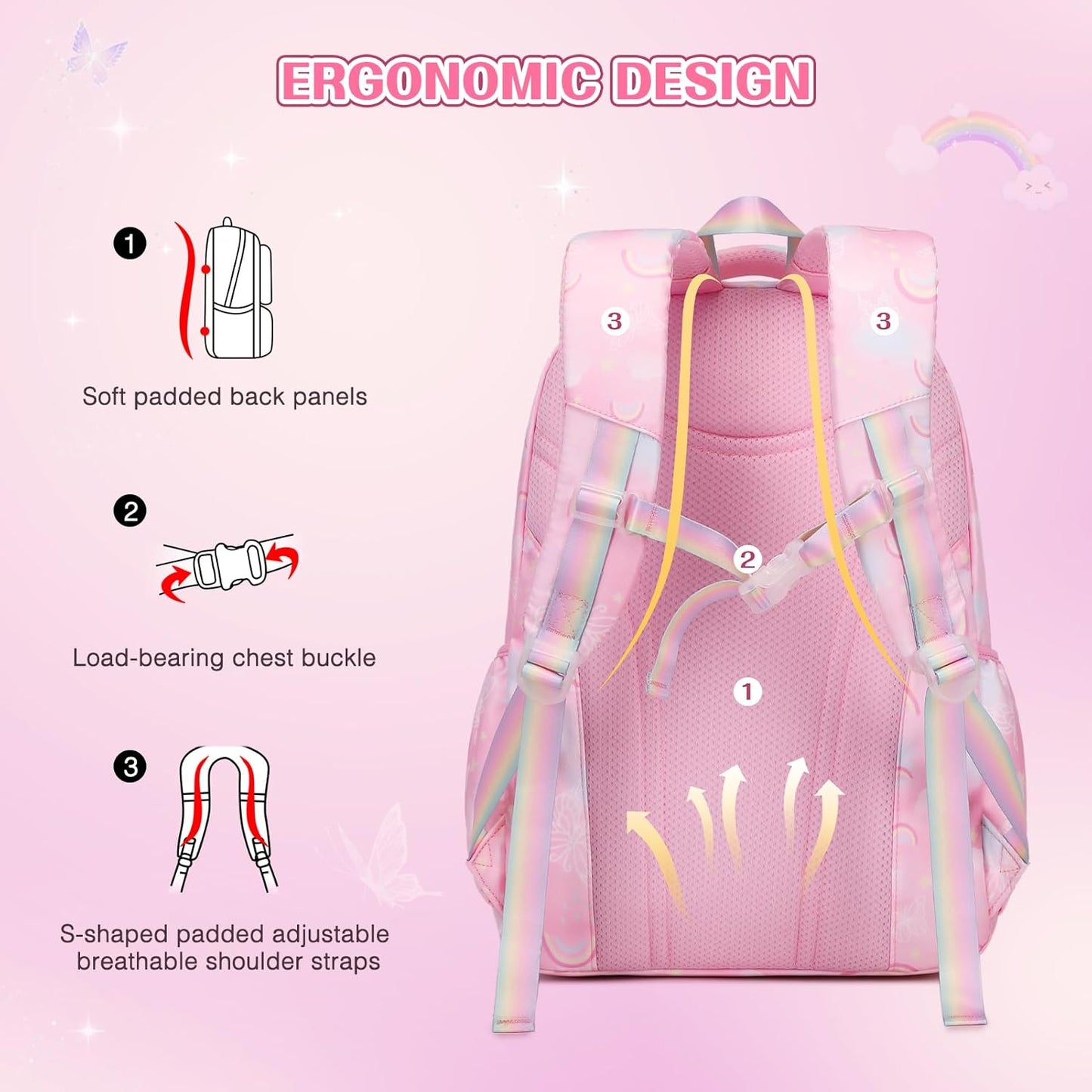 Backpack for Girls, Rainbow Butterfly Girls Backpacks with Lunch Bag Pencil Case Set, Kids Backpack