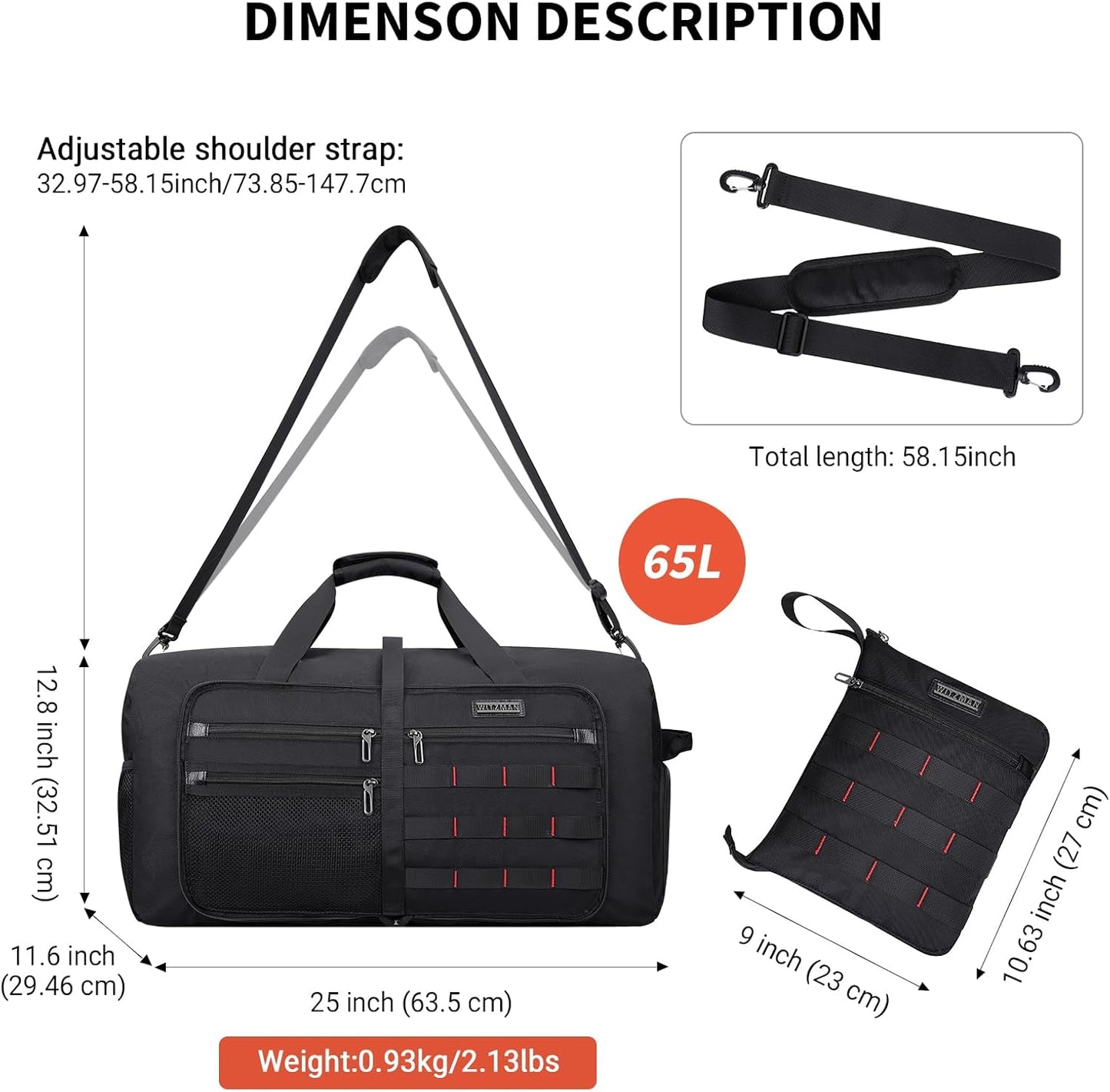 WITZMAN Foldable Duffle Bag for Travel 65L Lightweight Packable Duffel Bag with Shoes Compartment