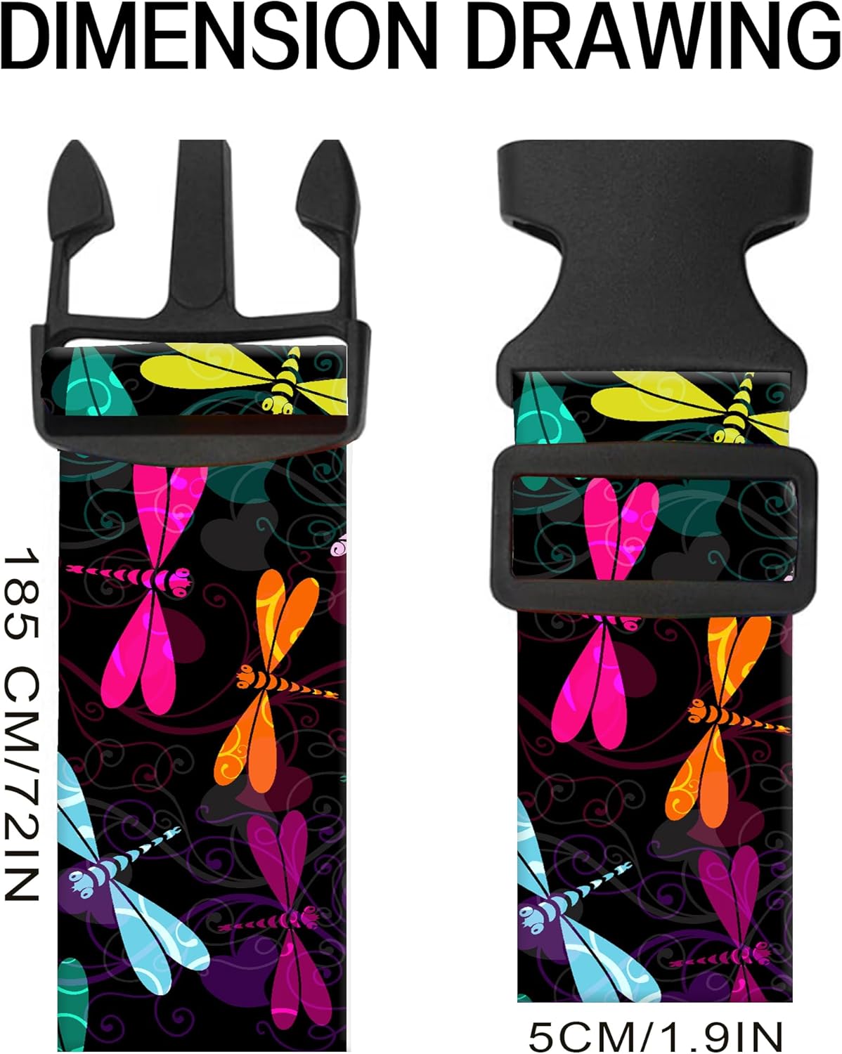Luggage Straps for Suitcases, Adjustable Travel Belt, Durable Wide Luggage Strap, Cute Suitcase Strap Identifiers with Buckle, Bag Straps for Luggage, Colorful Dragonfly