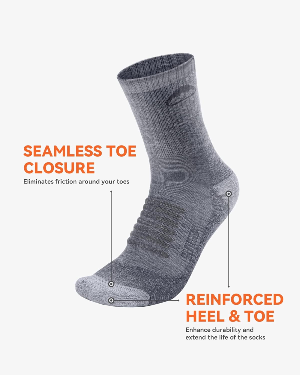 2 Pack Merino Wool Hiking Socks, Made in USA, Moisture Wicking Cushion Socks for Men & Women