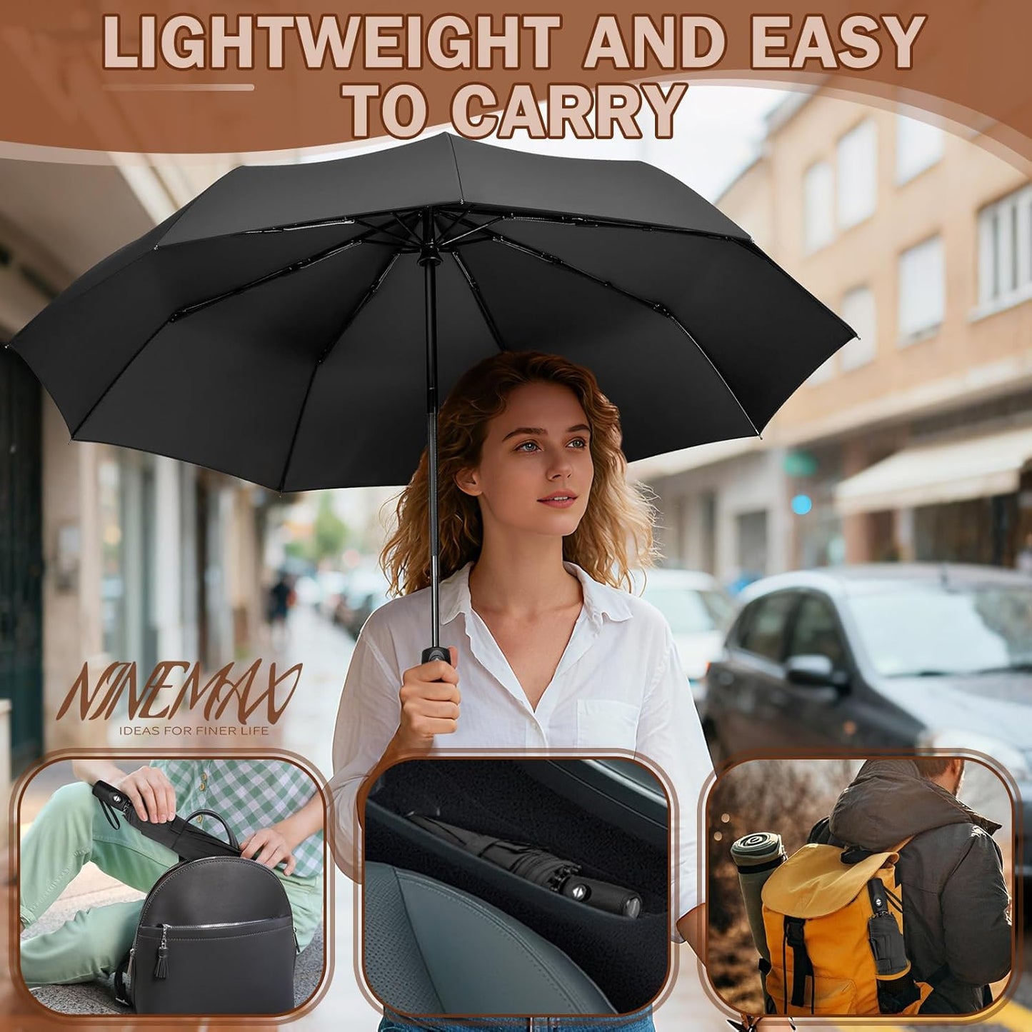 NINEMAX Travel Folding Umbrella Windproof for Men Women, Portable Compact Umbrellas Automatic Open and Close for Rain