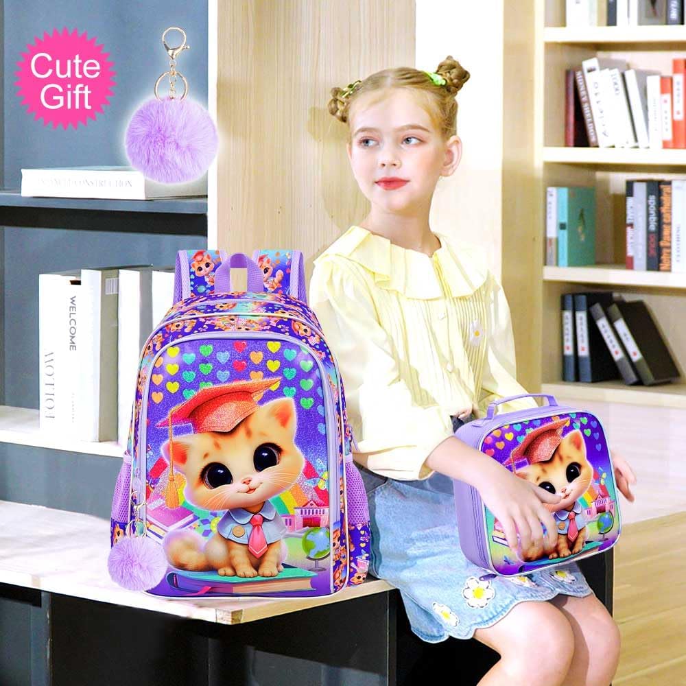 3PCS Girls Cat Backpack, 16" Kids Bookbag with Lunch Box, Kids Water Resistant Elementary Prechool Toddler Shool Bag - Purple Dr. Cat