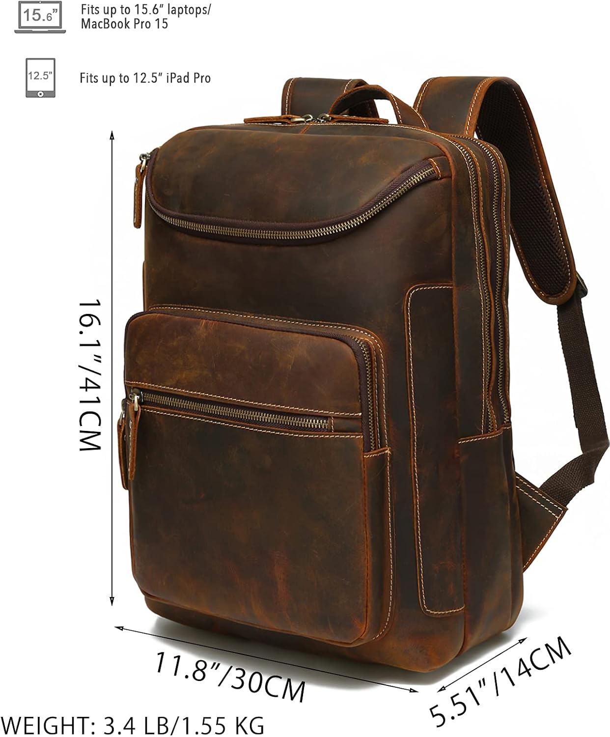 LANNSYNE Vintage Genuine Leather 16" Laptop Backpack For Men Hiking Travel Bag Camping Rucksack