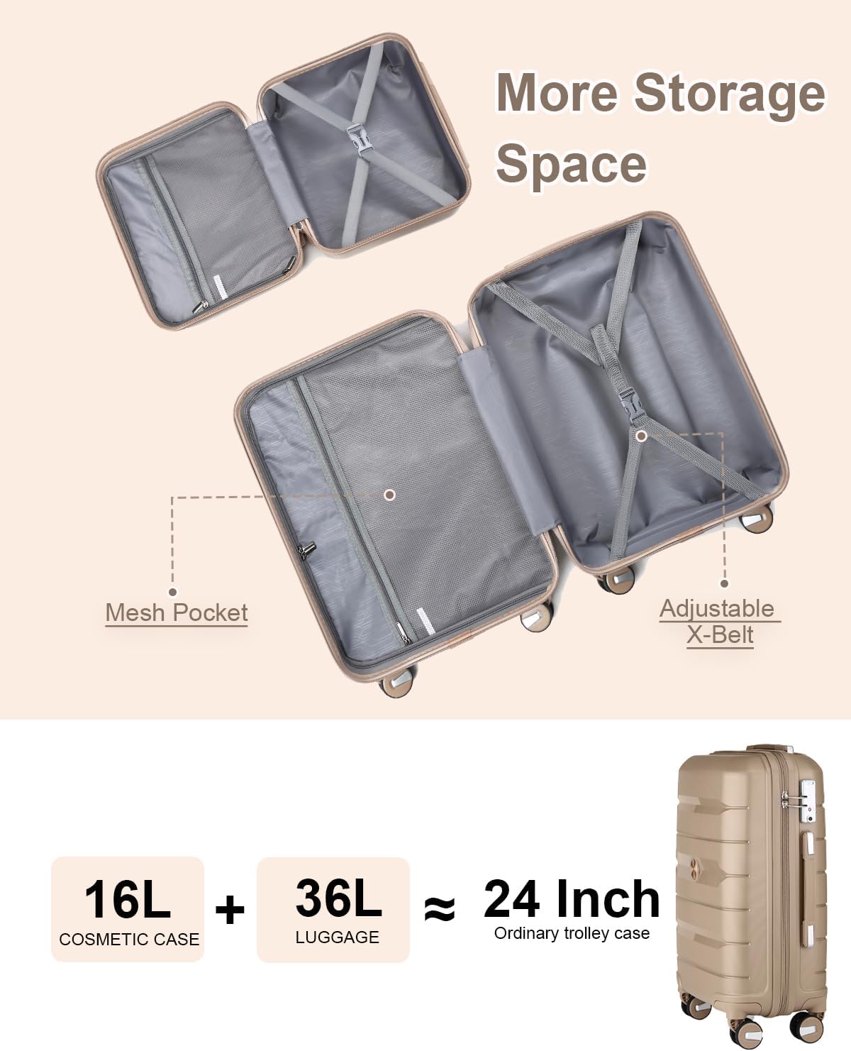 Somago 20 Inch Carry On Luggage Sets Hardside Suitcase with Double Spinner Wheels and TSA Lock YKK Zipper (Noble Golden,14/20)
