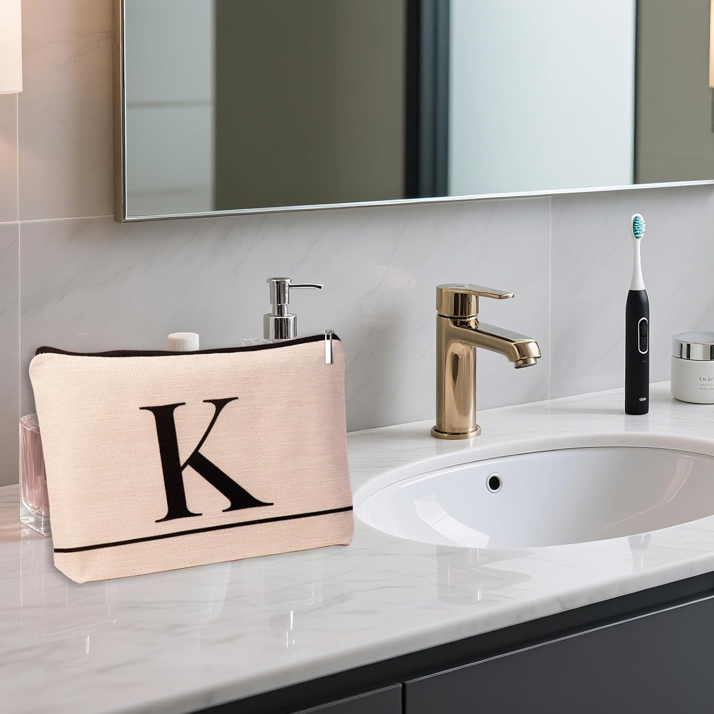 Letter A-Z Initial Personalized Makeup Bags, Birthday Gifts for Women, Monogrammed Gifts for Women Mom Sister Best Friend Bride Bridesmaid, Mothers Day, Christmas, Small Travel Cosmetic Bag (K)