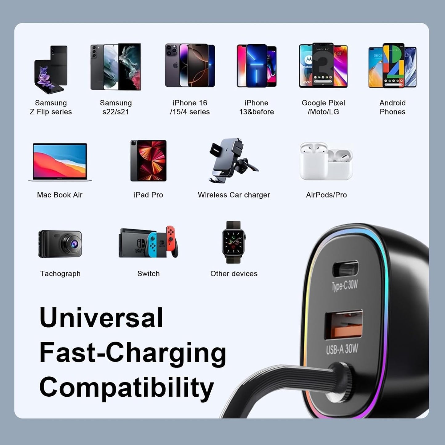 90W Car Charger USB C for iPhone 16 Pro, PD & QC3.0 Type C Coiled Cable 4ft, Fast Car Charger Adapter for iPhone 15 Pro Max Plus, for Samsung Galaxy S24/S23/S22