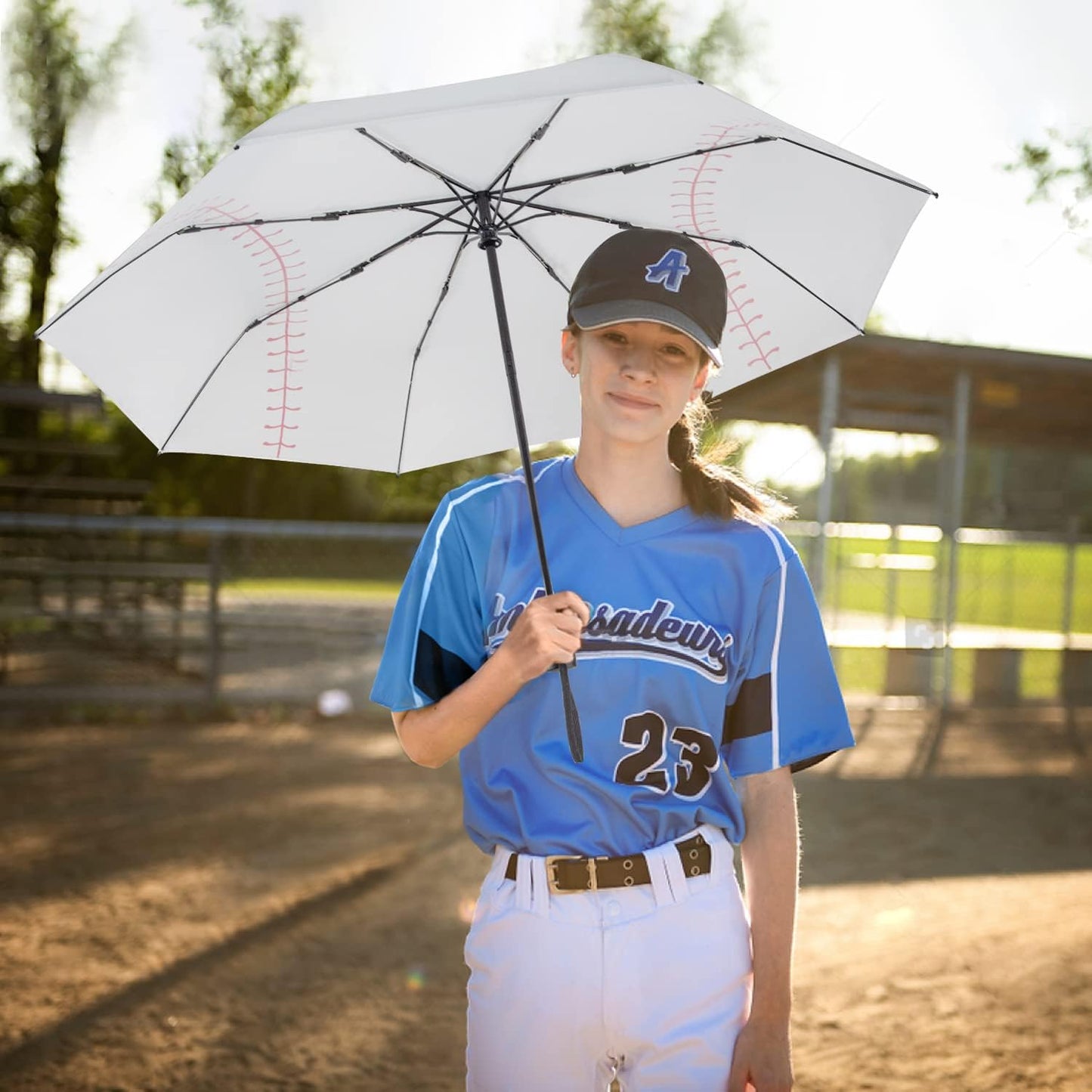 Lejorain White Baseball Umbrella Compact - Portable Windproof Travel Folding Sports Umbrella Auto Open Baseball