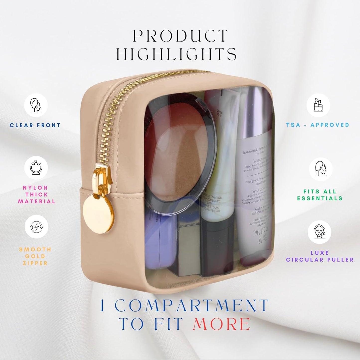 Beige Mini Makeup Bag - Clear Travel Cosmetic Case With Pouch, Small Cosmetic Pouch for Purse