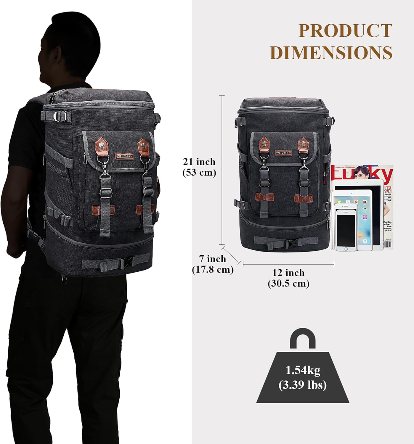 WITZMAN Travel Backpack for Men Women Canvas Backpack Carry on Luggage Rucksack Convertible Duffel Bag Large (A568 Black)