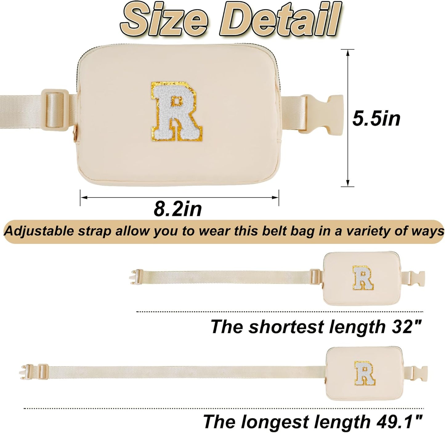 Belt Bag Fanny Pack Crossbody Bags with Initials Cute Stuff Birthday Gifts for Teenager Girls Trendy Stuff for Teens - White R,Khaki Bag
