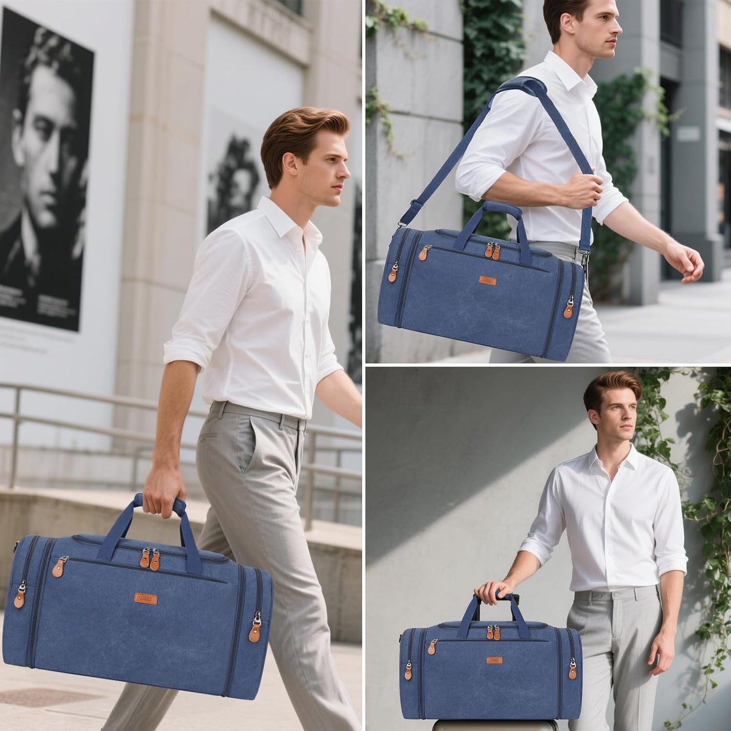 Canvas Mens Duffle Bag for Travel - Expandable 50L Weekender Bags with Toiletry Bag, Overnight Bag Travel Duffel Carry On Luggage with Removable Shoulder Strap, Durable & Water-Resistant