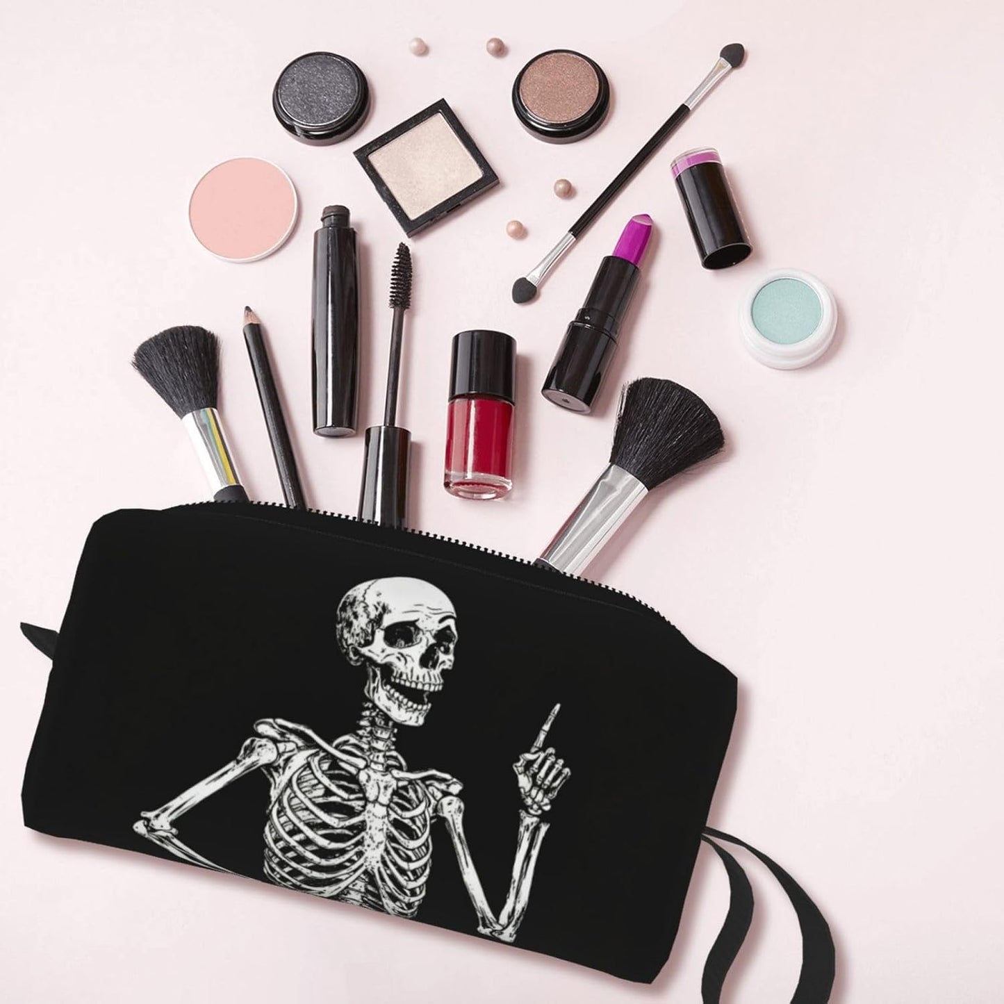 Humorous Skull Makeup Bag Organizer Compact & Durable Skeleton Travel Cosmetic Bag Oxford Fabric Impact-Resistant Multi-Purpose Storage Perfect for Travel, Gym, Daily Use