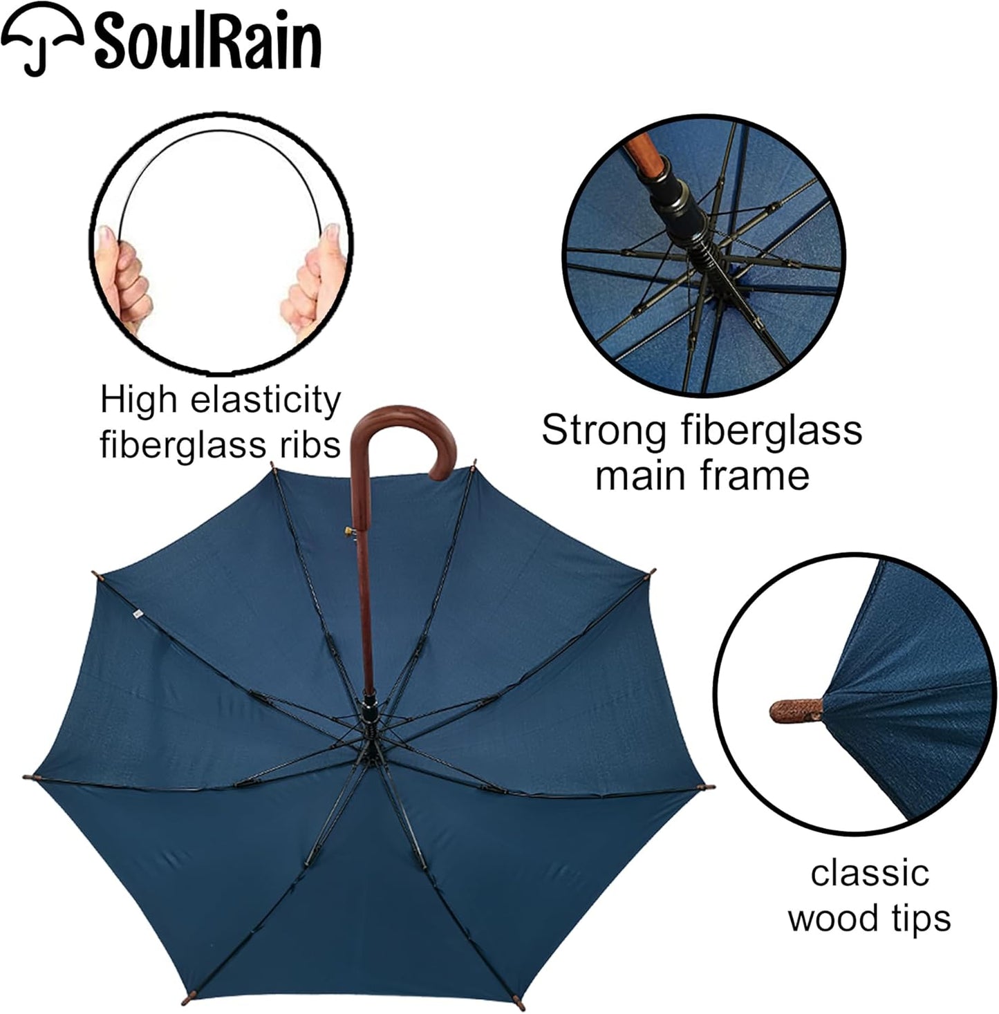 SoulRain 48" Large Umbrella –Windproof Stick Umbrellas for Rain, Automatic Open, Vintage Cane Navy Blue big Umbrella with Classic Wooden Handle,Open for 2 Persons adult,for Women & Men(Navy Blue)