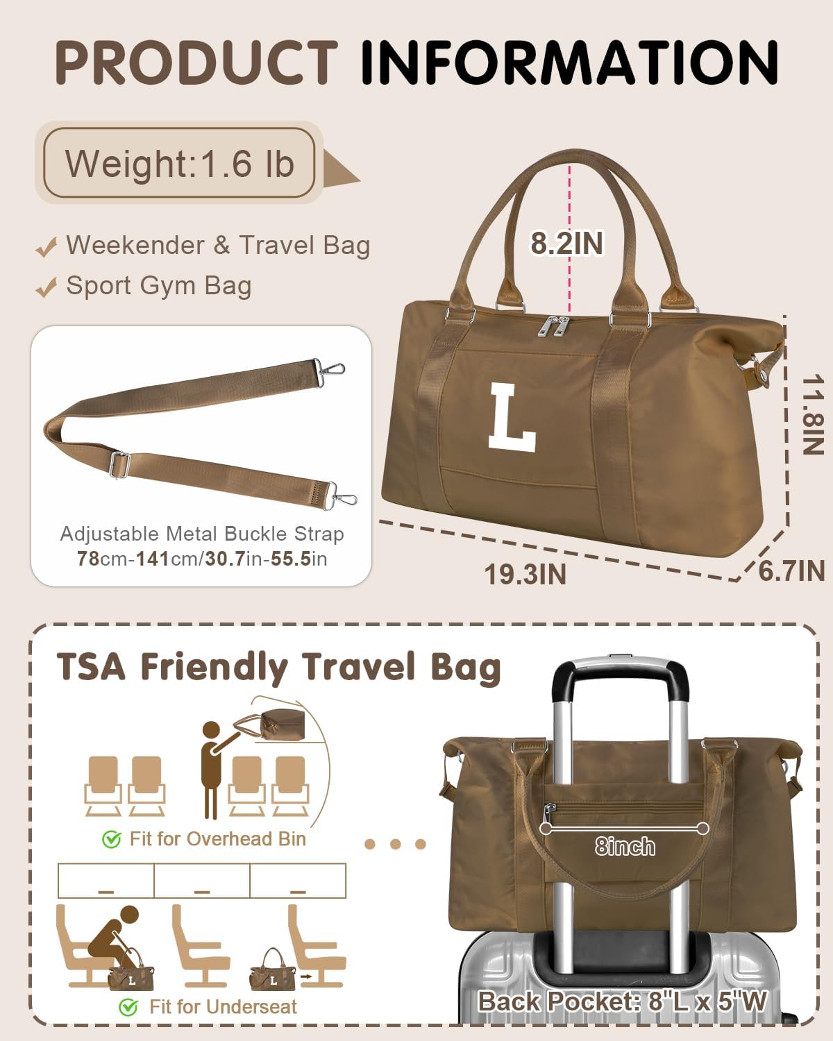 Birthday Graduation Gifts for Daughter,Initial Travel Duffel Bag Sports Gym Bag for Girls Teen Kids Birthday Gifts,Personalized Weekender Bag Carry On Tote Bags Cute Overnight Bag for Women(Brown, L)
