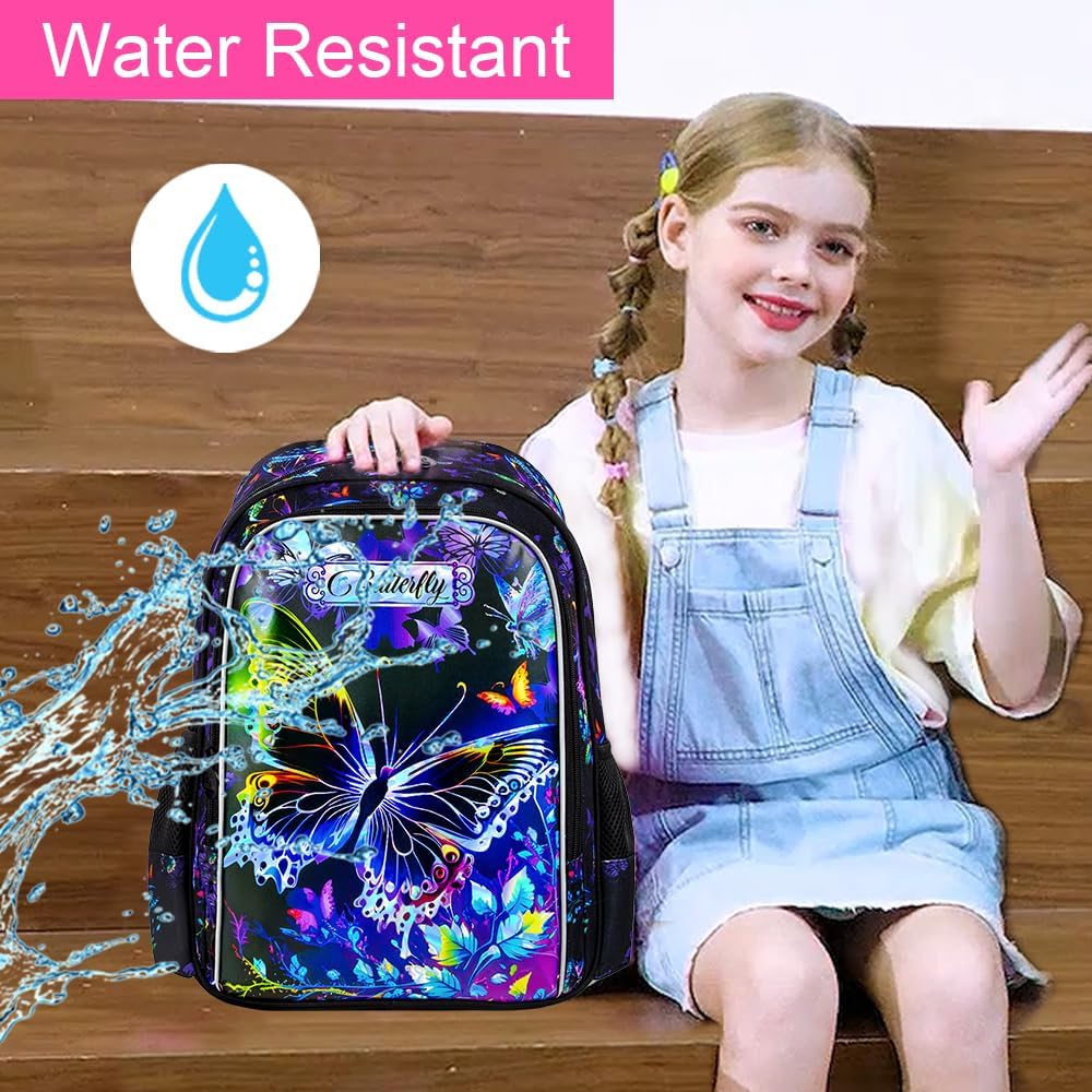 3PCS Backpack for Girls, Water Resistant Butterfly Bookbag Set with Lunch Box,Cute Elementary School Bag for Preschool Toddler