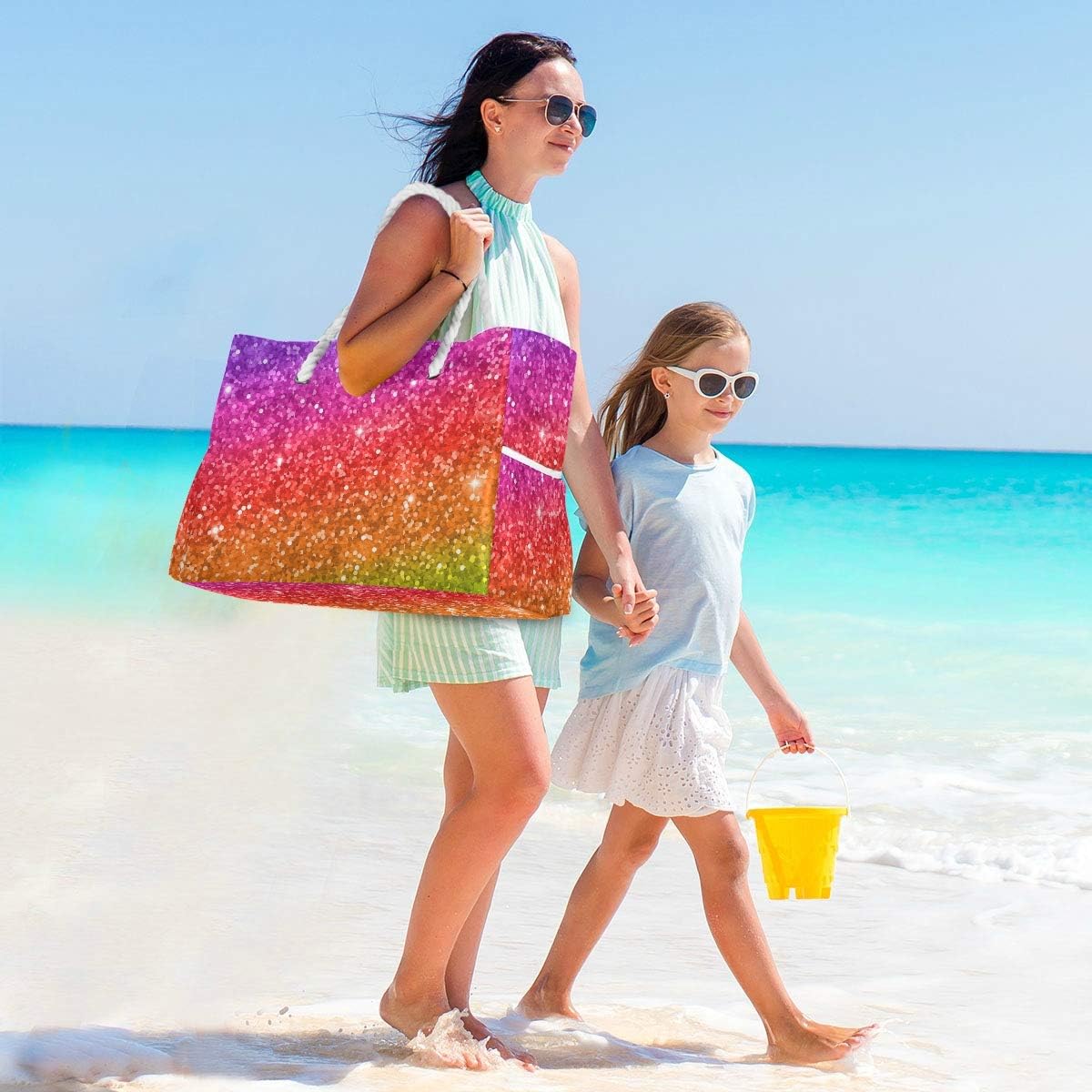 ALAZA Multicolor Glitter Rainbow Gradient Shoulder Tote Bags for Gym Travel Beach, Inner Pockets