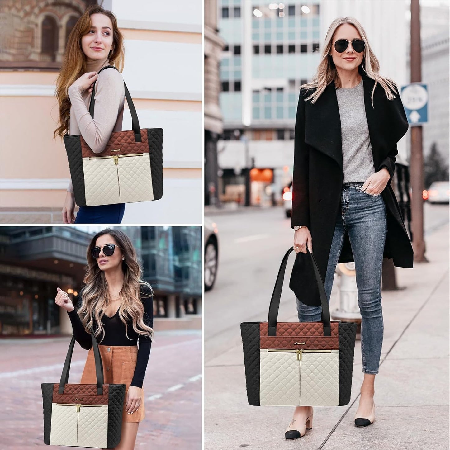 LOVEVOOK Laptop Bag for Women 17 inch,Diamond Quilted Work Tote Bags Womens Laptop Tote Bag Computer Shoulder Bags,Stylish Travel Tote Bags Laptop Purse Briefcase Handbag with Clutch Purse,Off-white