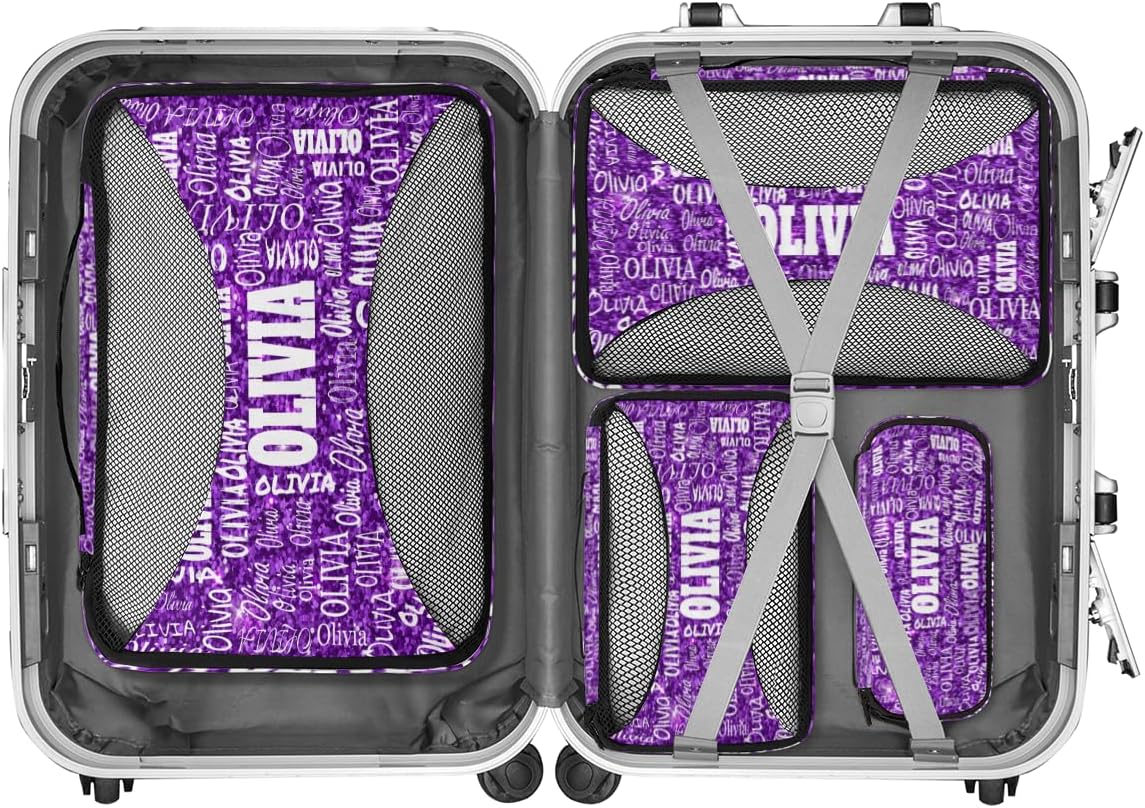 Custom 4 Packing Cubes Set, Lightweight Mesh Travel Luggage Organizers for Travel, 4 Pieces Suitcase Storage Bags, Purple Sequins with Names