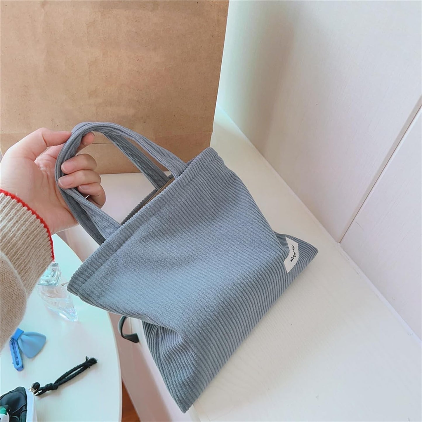 Wudygirl Makeup Bag Travel Cosmetic Bag for Women Small Makeup Pouch with Handle Zipper Cosmetic Pouch Handbag Aesthetic (Light Blue)