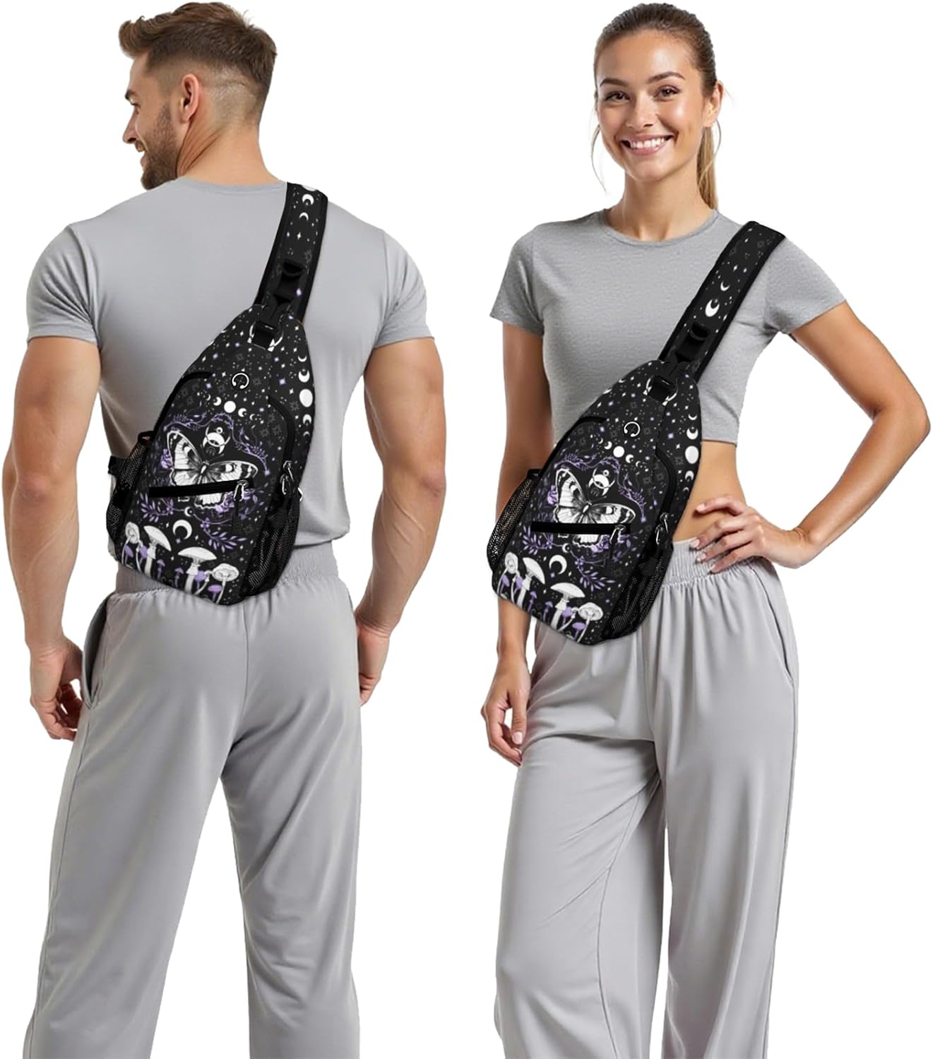 Black Gothic Butterfly Mushroom Sling Bag Crossbody Chest Bag for Women Men, Water Resistant Lightweight Casual Crossbody Bag with Adjustable Strap, Travel Hiking Daypack Shoulder Backpack