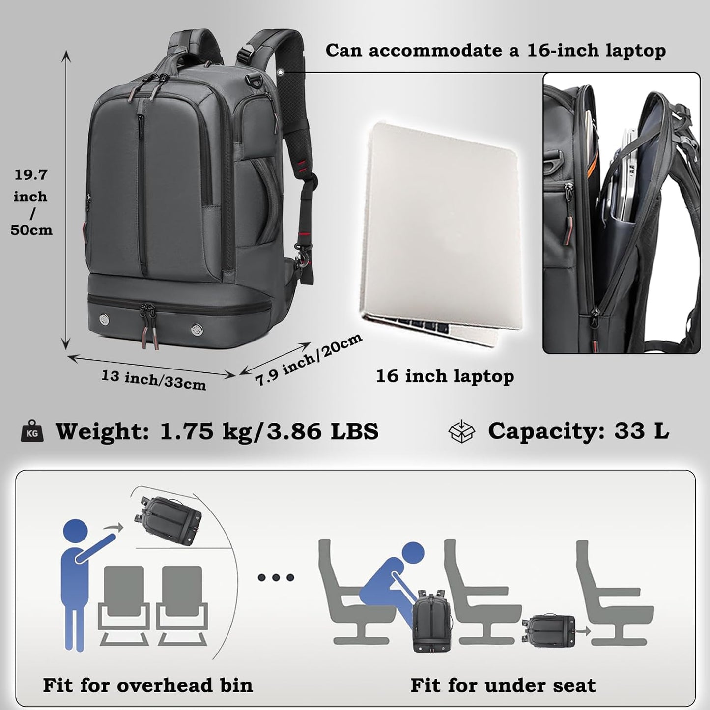 Somago 16 Inch Laptop Backpack Water Resistant Carry On Daypack Backpack Anti Theft Travel Rucksack Backpack with Shoe Compartment Shoulder Strap for Men Women, 33L (Grey)