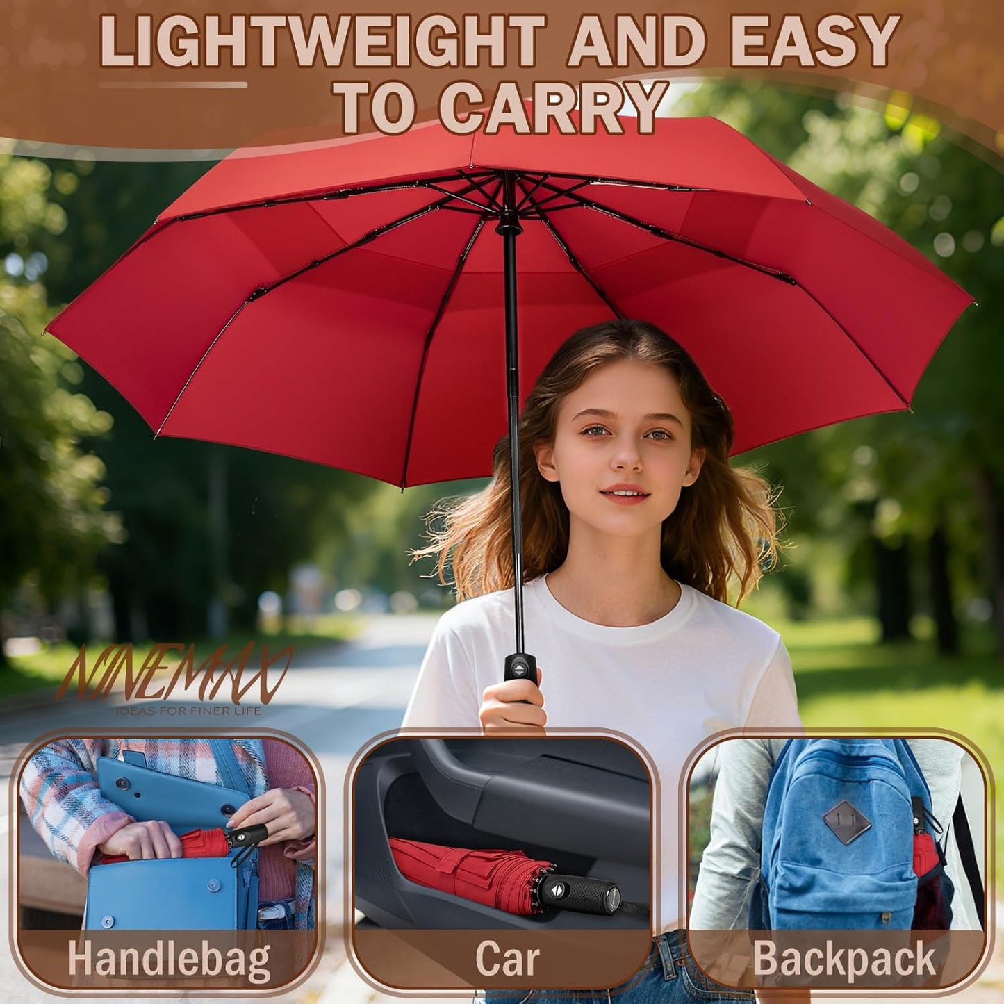 NINEMAX Windproof Travel Umbrella for Rain, Automatic Umbrellas Double Canopy Vented Compact for Men Women(Red)