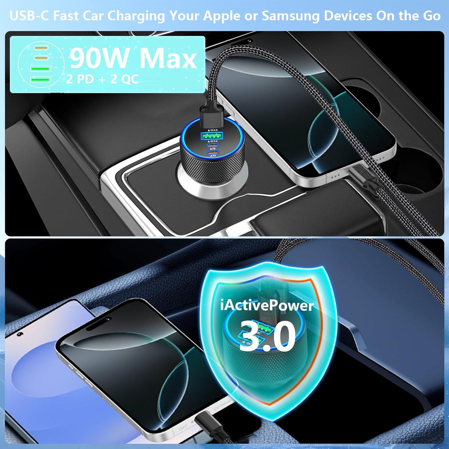 Car Charger USB C, KYOHAYA 90W 4-Port Dual USB-C & USB-A Power Cigarette Lighter Adapter PD/QC Type C Car Charger Fast Charging for iPhone 17 Pro 17 Pro Max 16 15 14 13 12 11/Galaxy S25 S24/Pixel/iPad