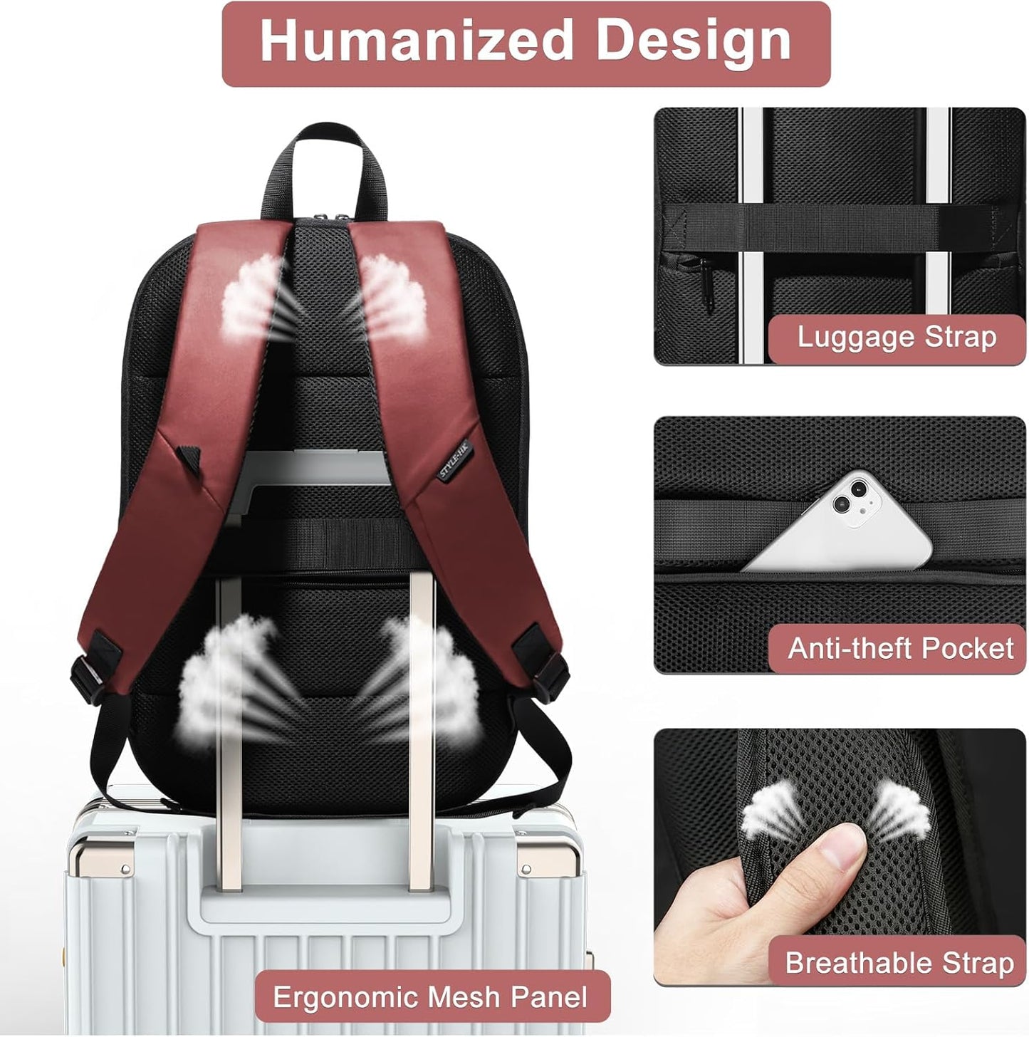 hk Business Backpack for Men 17 Inch,Slim & Expandable Waterproof Travel Laptop Backpack with USB Charger Port (Red)