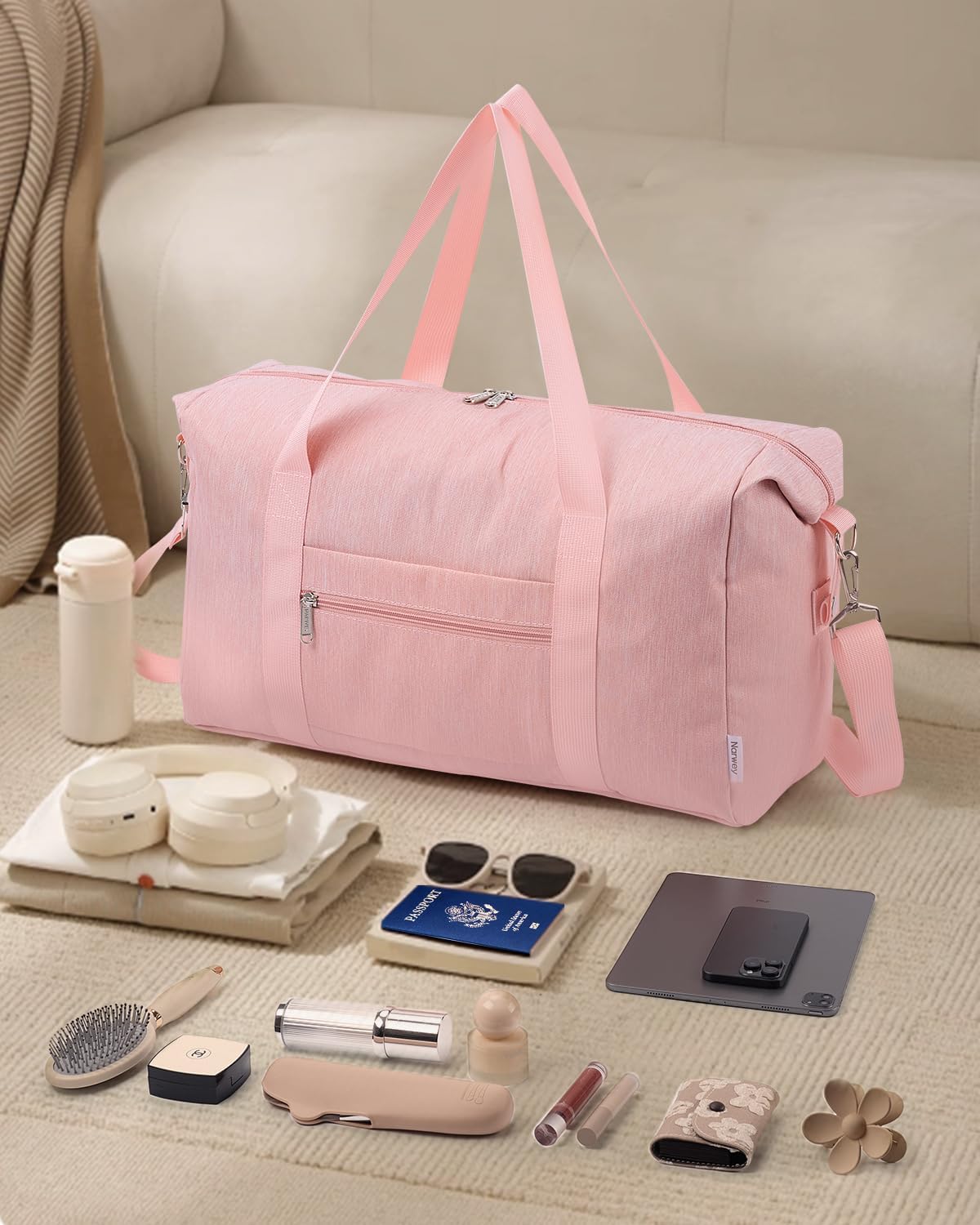 Narwey For Spirit Airlines Personal Item Bag 18x14x8 Foldable Duffle Bag for Travel Packable Duffel Bag for Traveling Carry on Bag for Airplanes Underseat Overnight for Women and Men (Pink)
