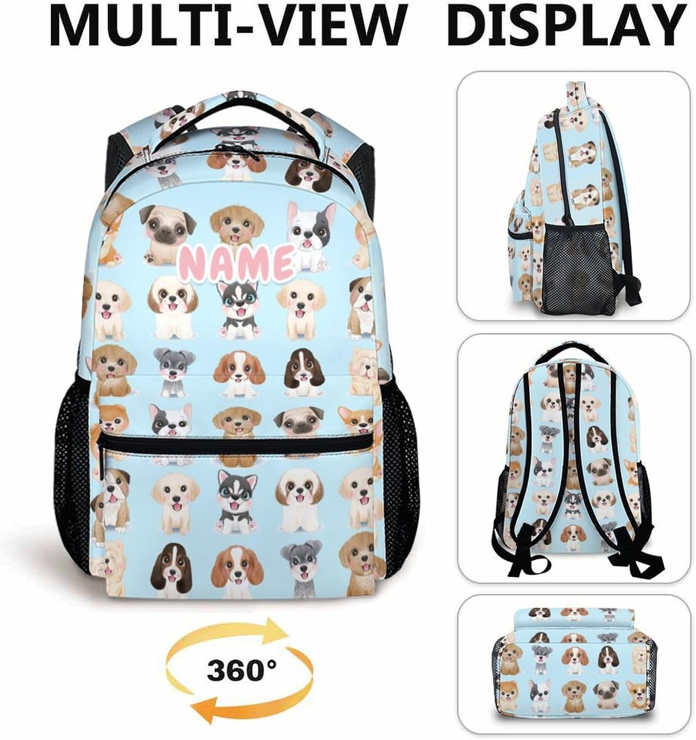 Custom Dog Backpacks for Kids, Large Capacity Backpack for School, Cute Blue Doggy Print Lightweight Bookbag for Boys & Girls