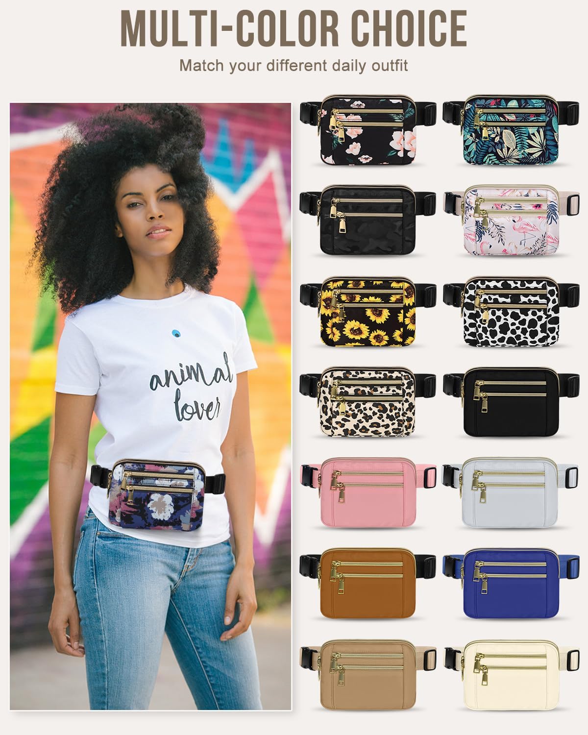 Capolo Fanny Packs for Women Fashion Waist Packs Bag with Adjustable Strap and 4 Zipper Pockets Waterproof Everywhere Crossbody Belt Bag for Workout Running Travelling(Watercolor Print)