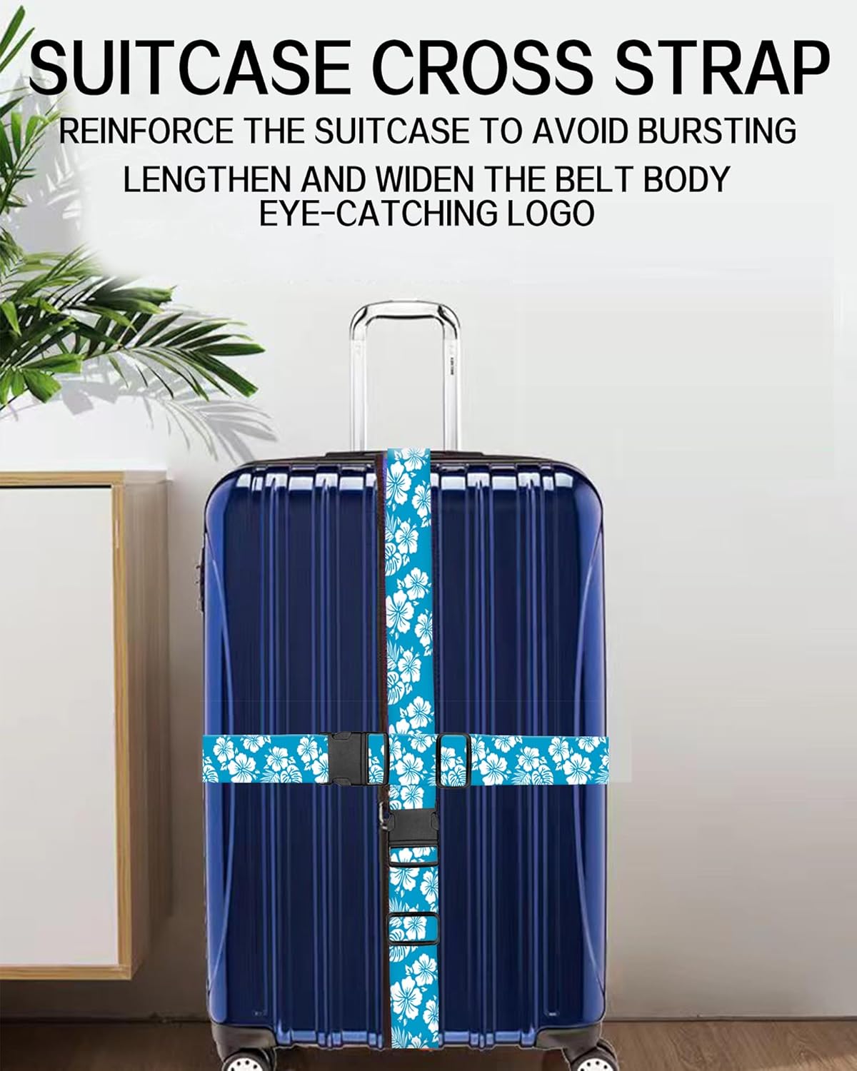 Luggage Straps for Suitcases, Adjustable Travel Belt, Durable Wide Luggage Strap, Cute Suitcase Strap Identifiers with Buckle, Bag Straps for Luggage, Blue White Flowers