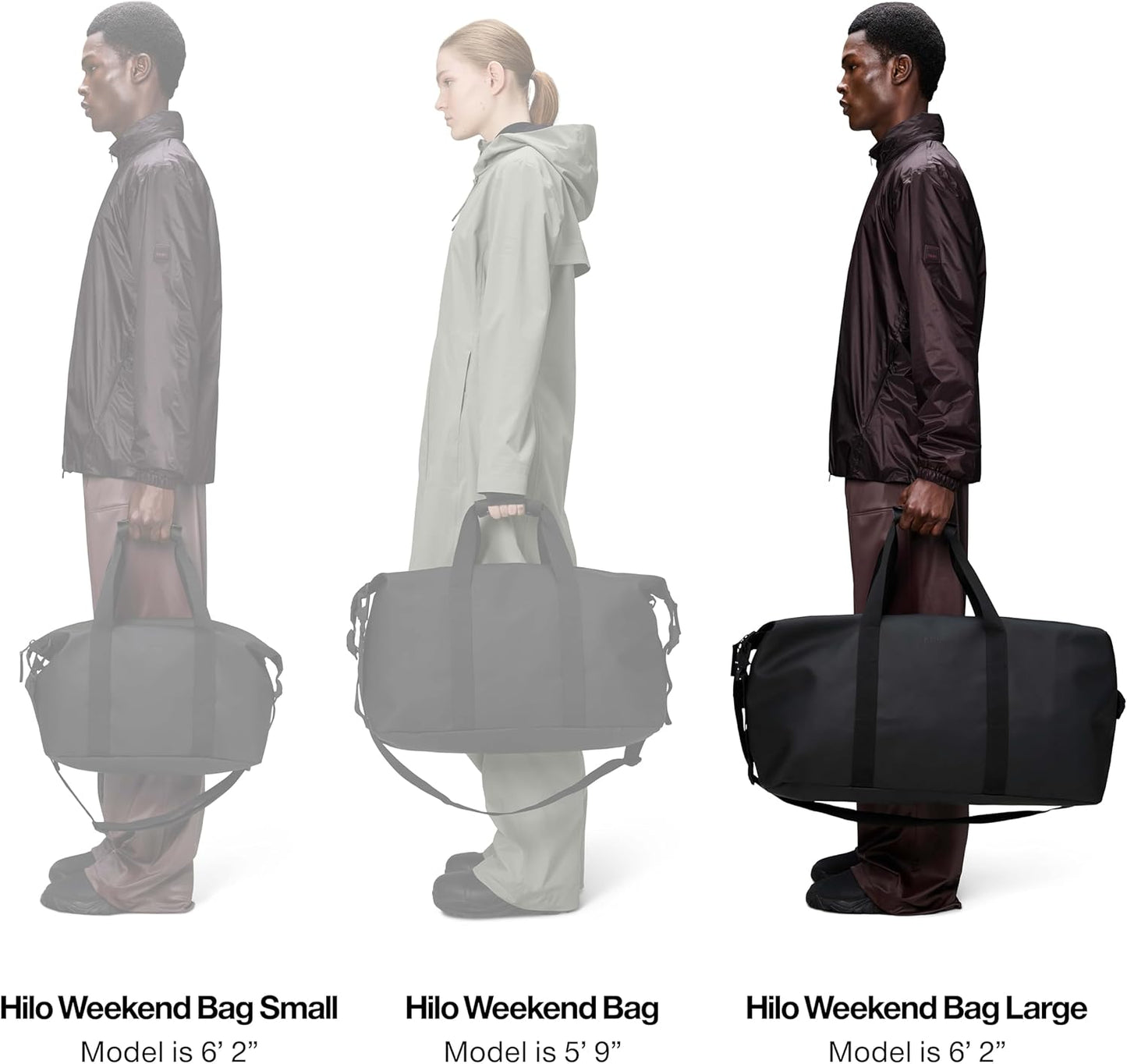 RAINS Hilo Weekend Bag Large - Black Waterproof Travel Duffel for Men and Women - Duffle with Coated Zip, Compression Straps, Adjustable Strap
