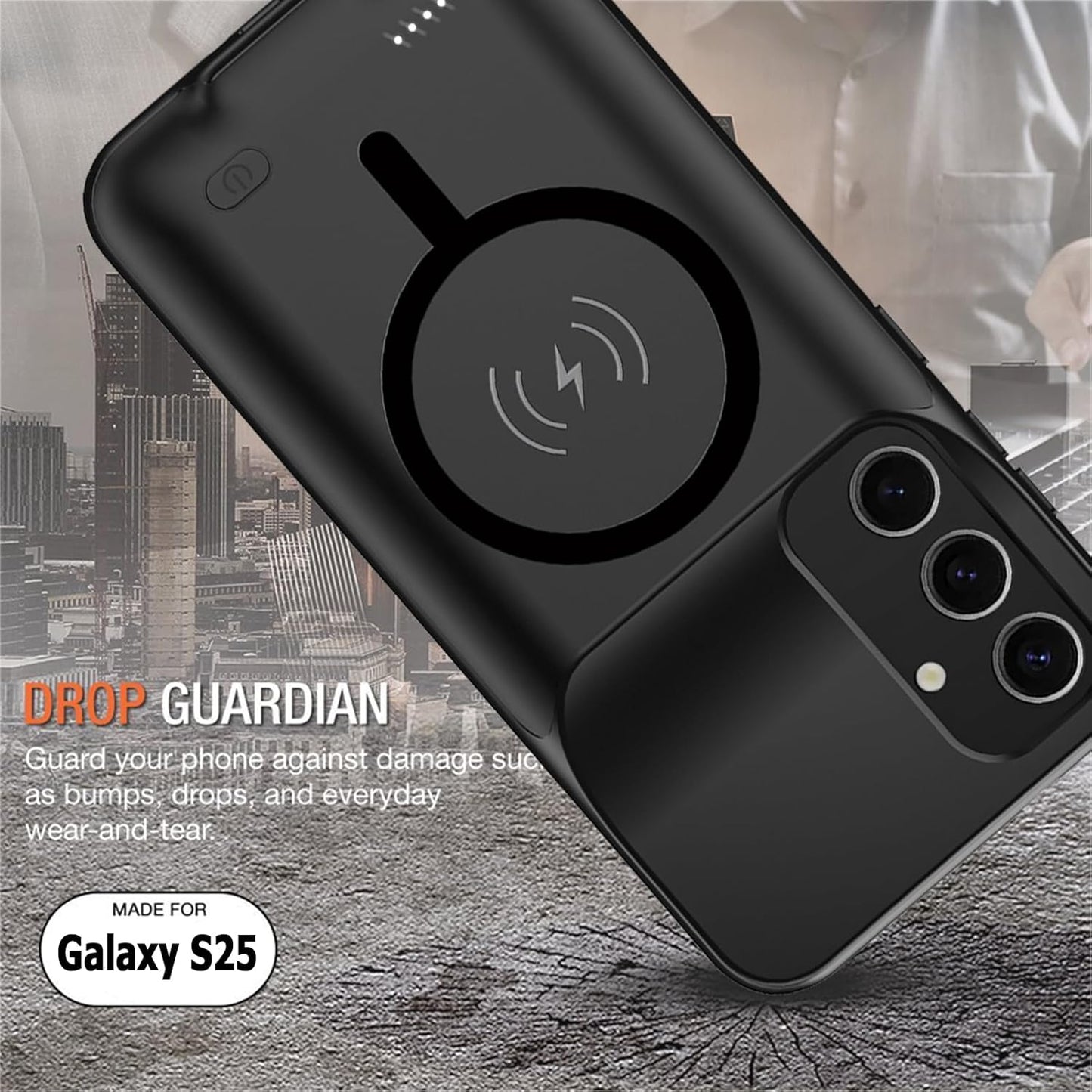 Wireless Charging Case for Galaxy S25, 2025 Upgraded 10000mAh Rechargeable Portable Charging Case Compatible with Galaxy S25 5G (6.2 inch) with Carplay Extended Battery Pack Charger Power Case (Black)