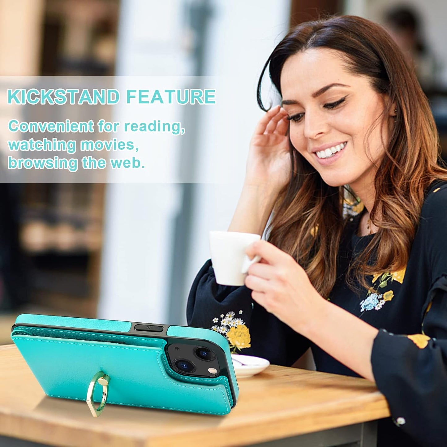 Folosu Compatible with iPhone 14 Case Wallet with Card Holder, 360°Rotation Finger Ring Holder Kickstand, RFID Blocking Leather Protective Double Buttons Shockproof Cover 6.1 Inch Green