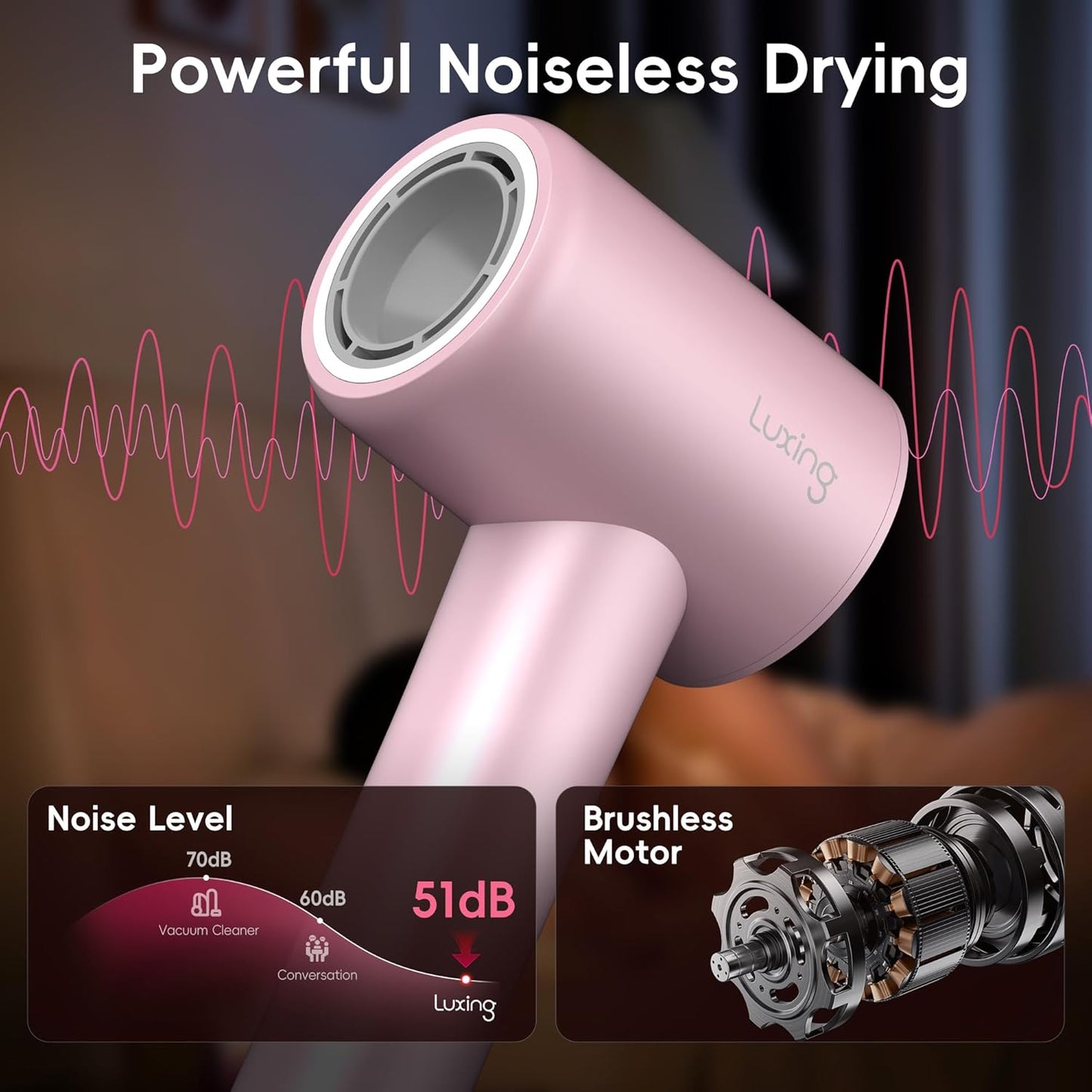 Hair Dryer, TurboLux 200 Million Negative Ionic 1500W High-Speed Blow Dryer for Fast Drying with Diffusers, Lightweight, Low-Noise Hair Dryer for Women with 110000 RPM Brushless Motor (Pink)
