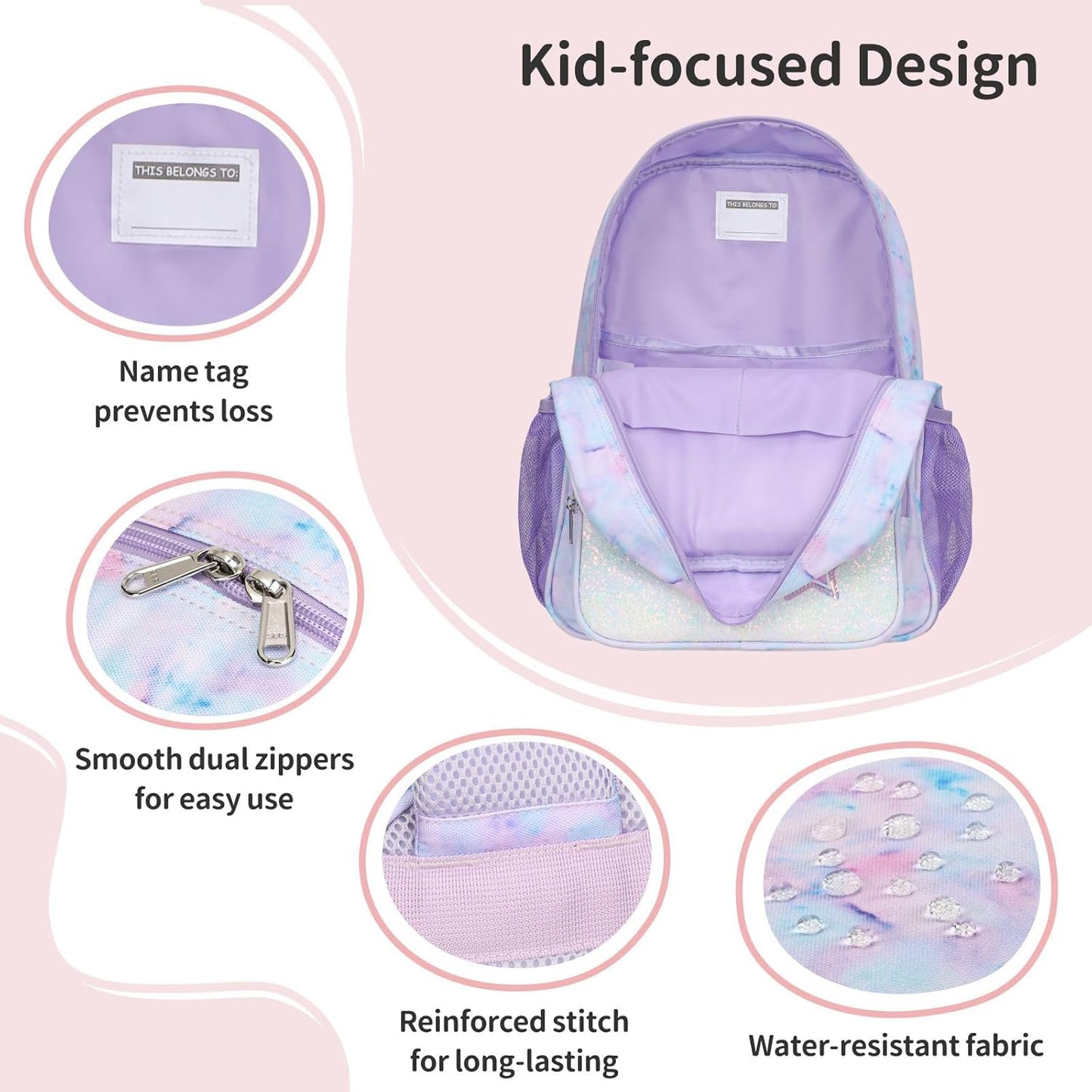Kids Backpack for Girls - 15 Inch Backpack for Kids 3 to 8, Lightweight Bookbag for Preschool Kindergarten Elementary School, Insulated Pocket, Safe Reflective Stripe, Purple Tie-dye