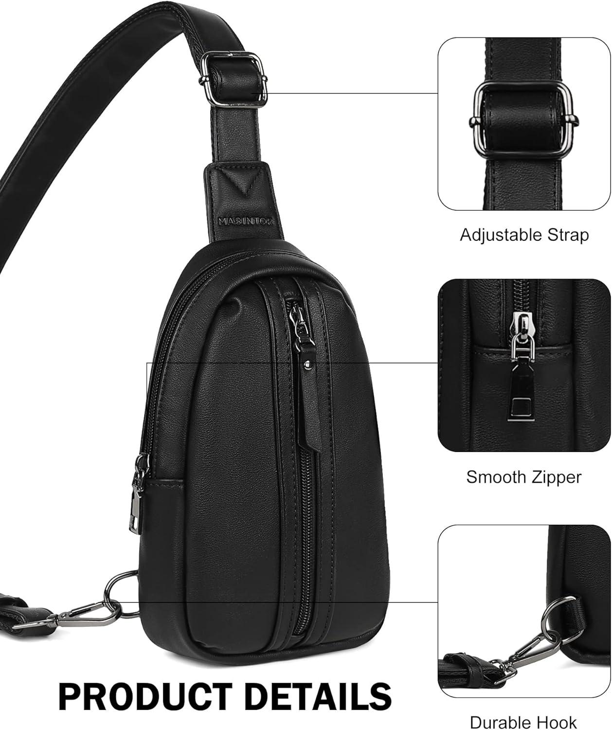 MASINTOR Small Sling Bag for Women and Men - Vegan Leather Crossbody Fanny Pack with Multiple Compartments for Everyday Use Pure Black