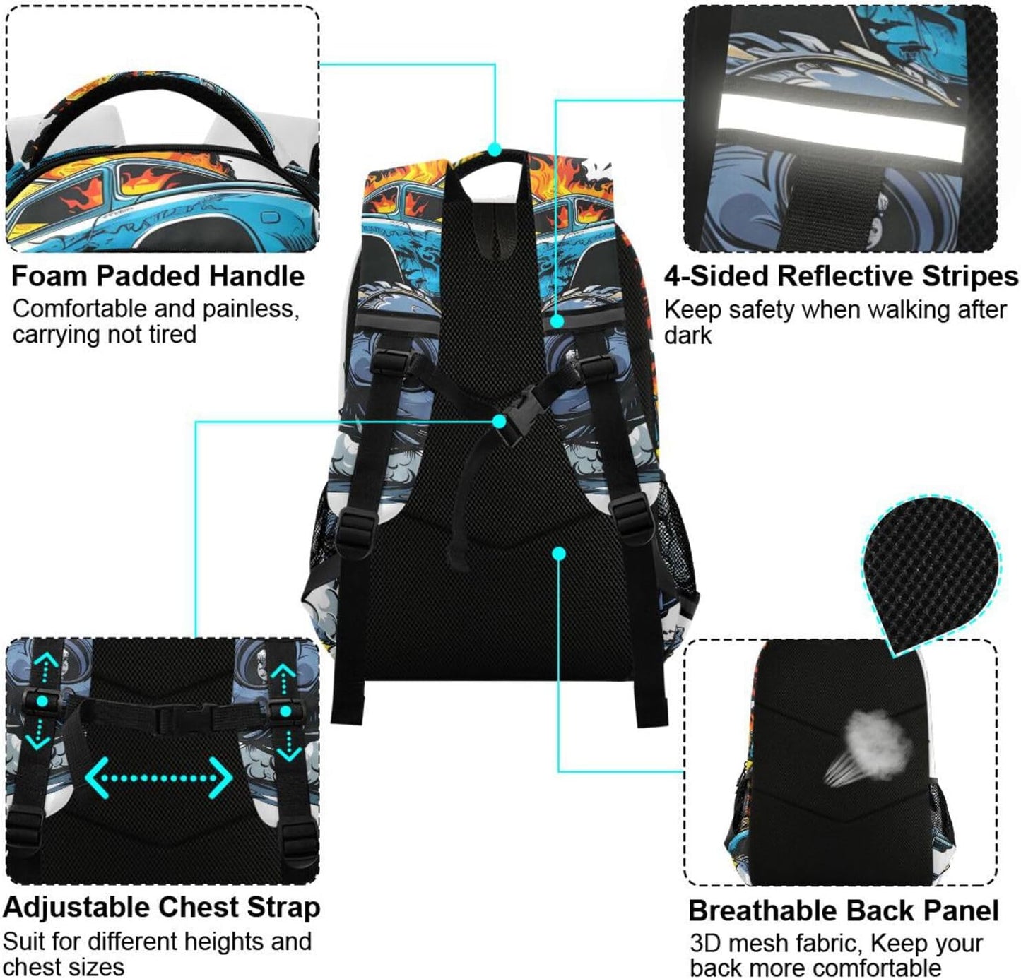 Monster Truck Blue Backpack for Boys Girls Elementary School Bag Kids Bookbag Travel Rucksack