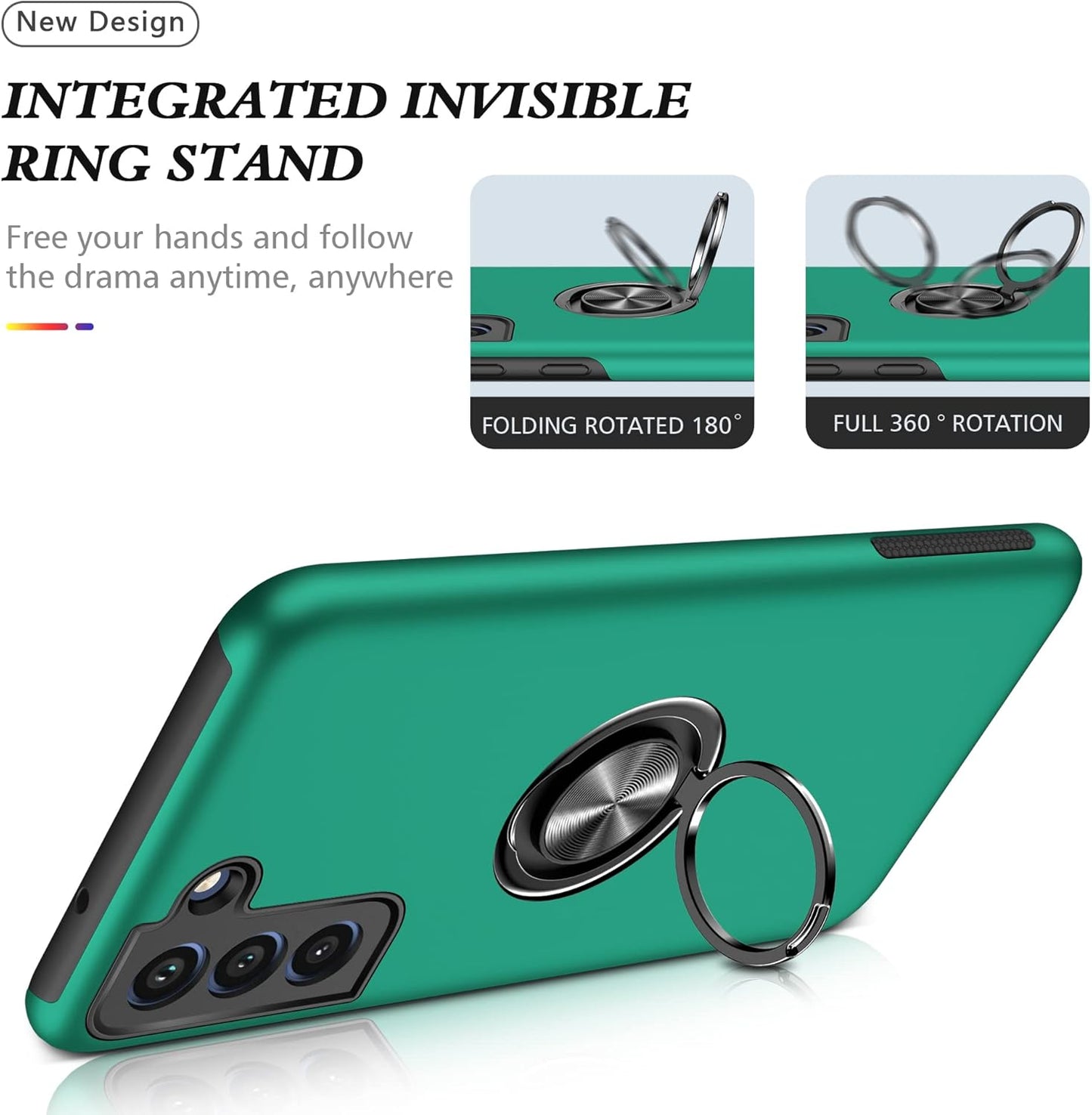 Galaxy S21 FE 5G Case with Nano Explosion-Proof Film - 2 Pack Military Grade Double Shockproof Invisible Kickstand Case (Dark Green)