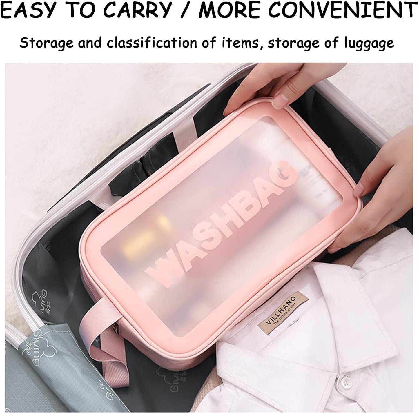 Clear Travel Bags for Toiletries, 3Pcs Portable PVC Waterproof Cosmetic Bags, Transparent Travel Storage Carry Pouch, Toiletry Bags and Cosmetics Organizer for Women Men (Pink)