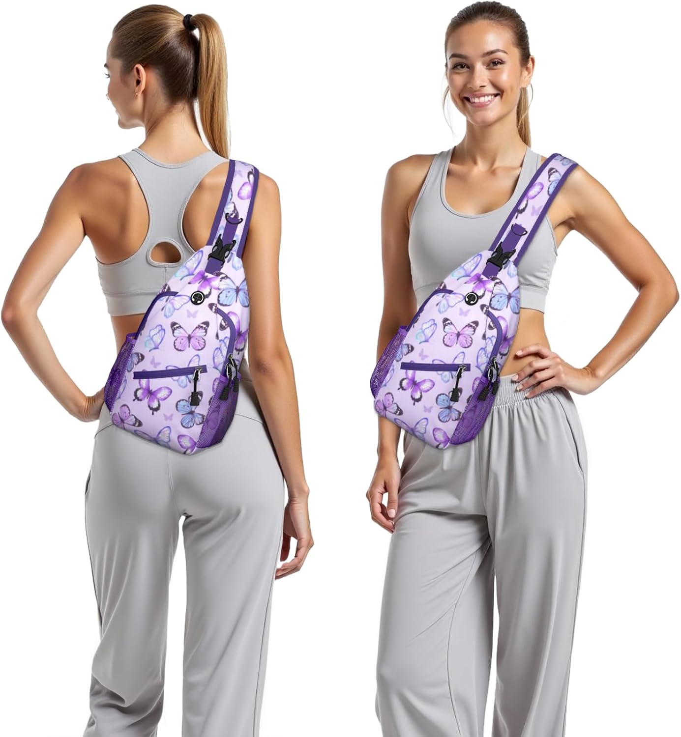Purple Butterfly Sling Bag Crossbody Chest Bag for Women Men, Water Resistant Lightweight Casual Crossbody Bag with Adjustable Strap, Travel Hiking Daypack Shoulder Backpack