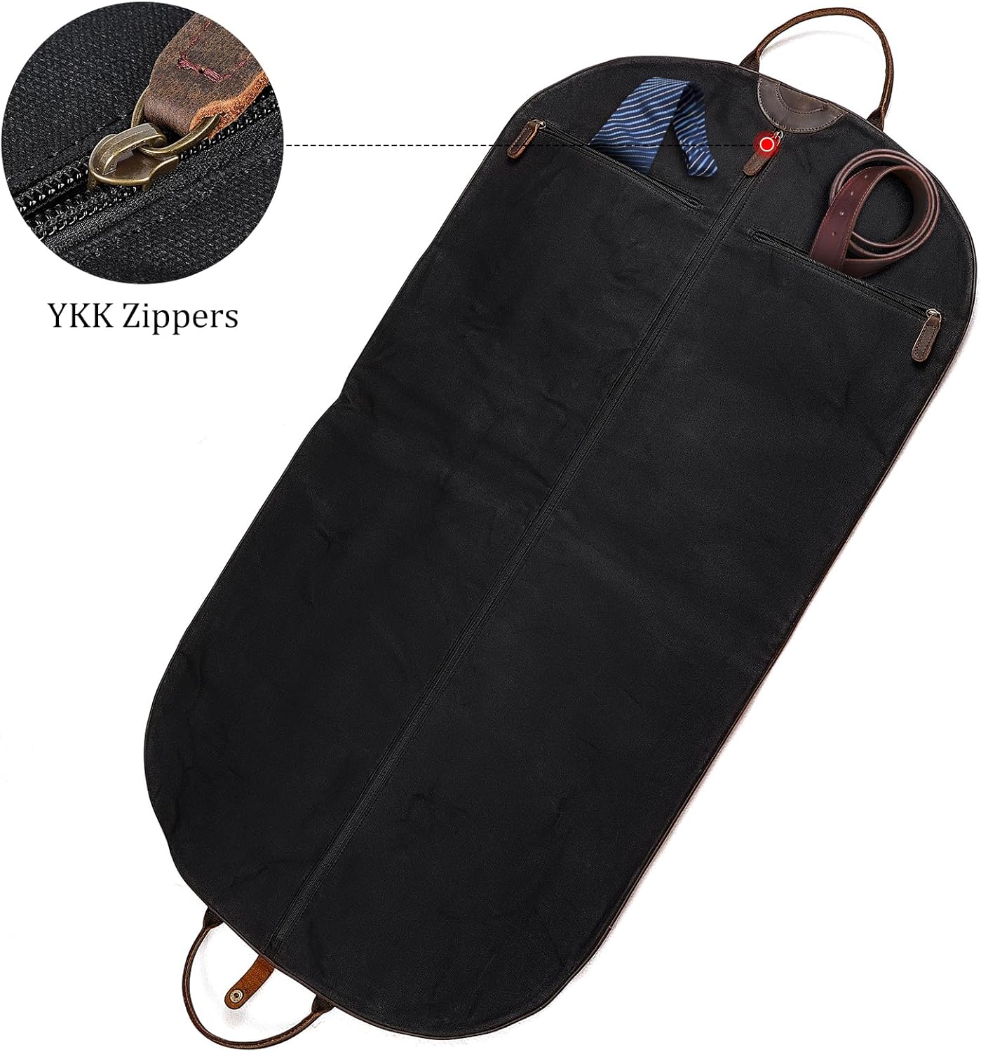 Polare 43” Waxed Canvas Full Grain Leather Trim Carry On Garment Bag for Travel, Waterproof Dust-Proof Foldable Hanging Suitcase Weekender Garment Cover with YKK Zipper (Black)