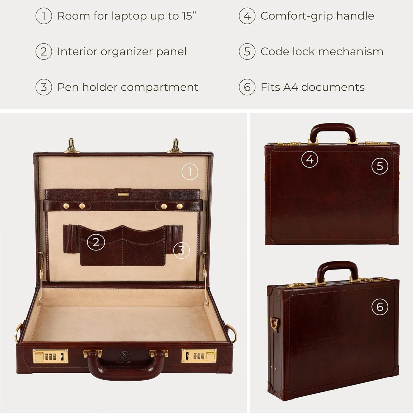 Time Resistance Leather Attache Case - Full Grain Italian Leather Briefcase - Laptop Bag up to 15” - Hard Case with Lock