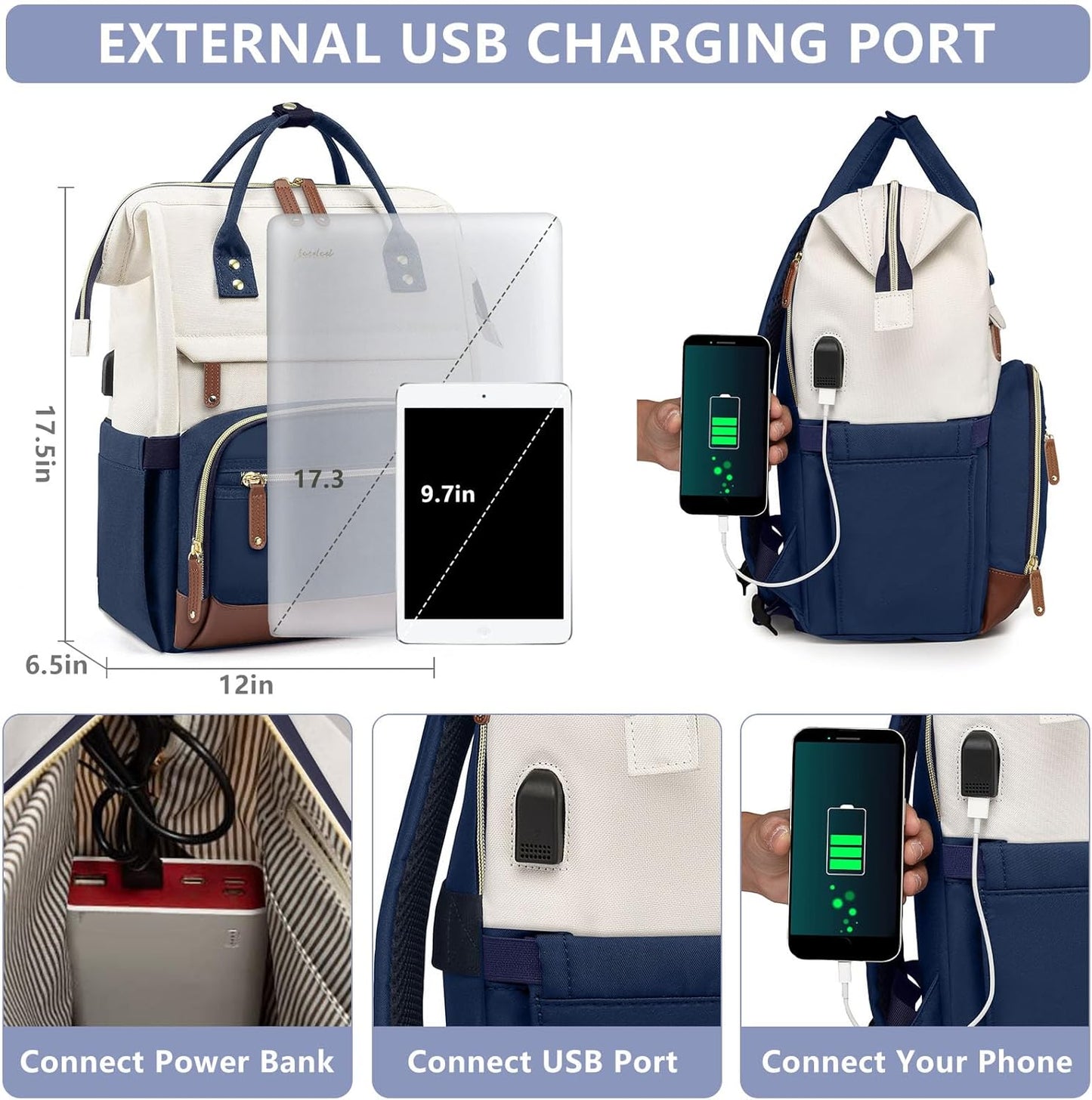 Laptop Backpack for Womem Work Bags: 17.3 Inch Travel BackPacks With USB Charging Port Anti Theft Fashion College BookBag Durable Back Pack Purse Bussiness Daypack for Nurse Teacher Navy Beige