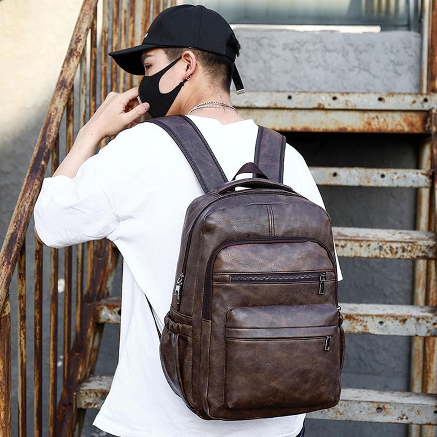 Vintage Leather Waterproof Backpack for Men 16" Laptop Bag Casual Daypack Business Travel Rucksack (Brown)