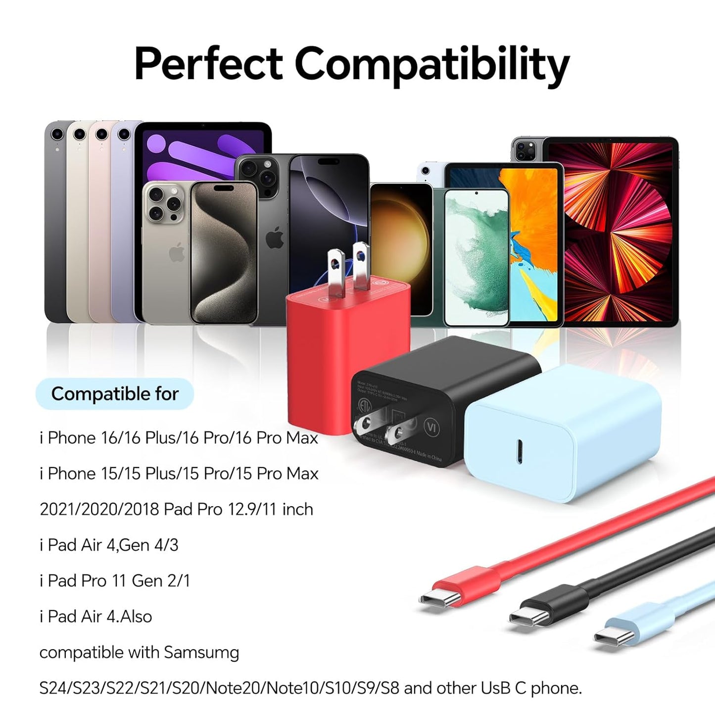 Compatible with Phone 16 15 Charger Fast Charging 10ft, 60W Fast Type C to C Charger Cord Long,15/16 Plus,15/16 Pro Max, for MaccBoook Pro/Air, for Pad Air 4/5/Minii 6/Pro 12.9/11,Blue/Black/Red