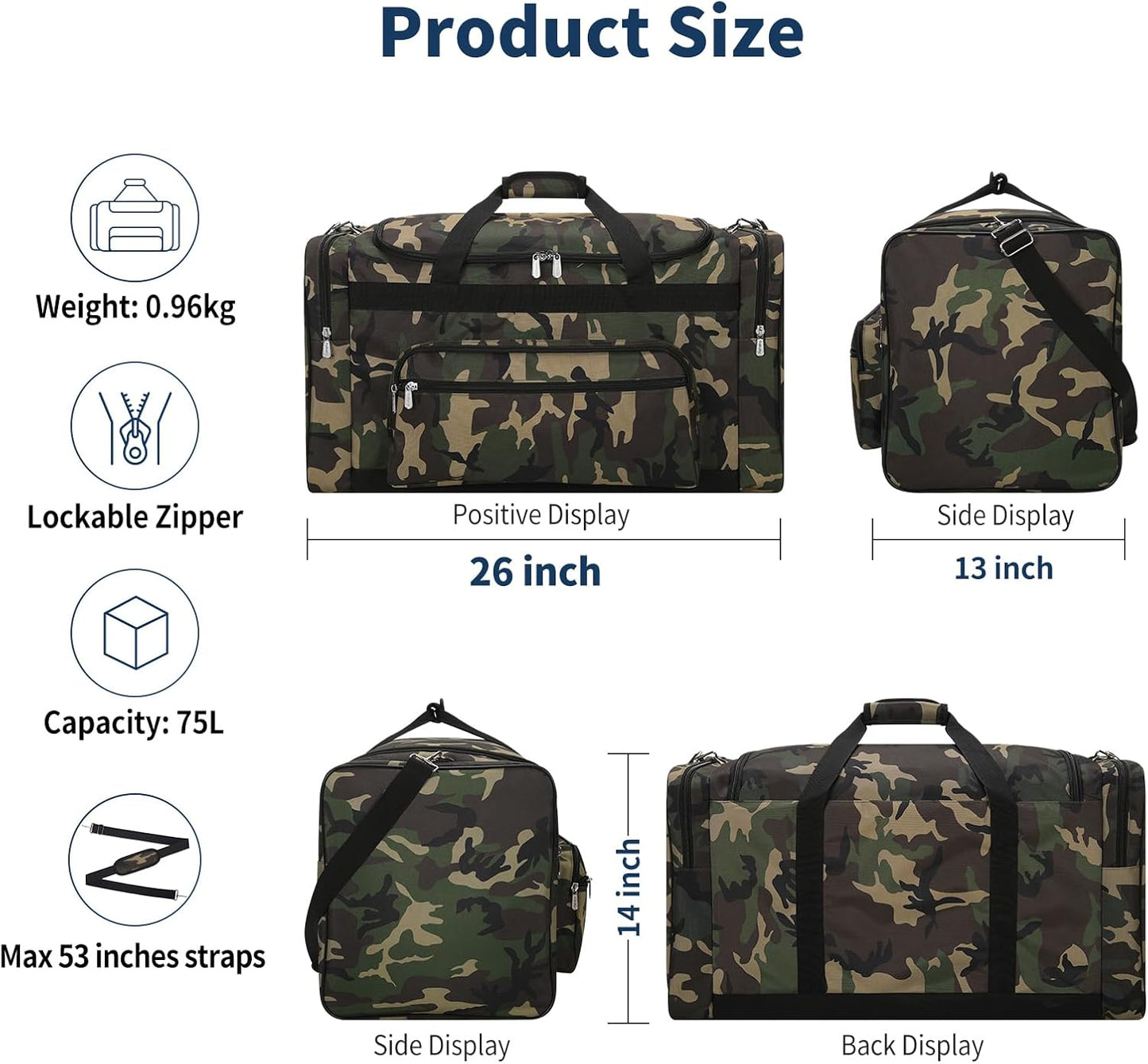 75L Large Duffle Bag for Men - 26 inch Duffel Bag Heavy Duty for Weekend Travel Sport Camping/Travel - Camo