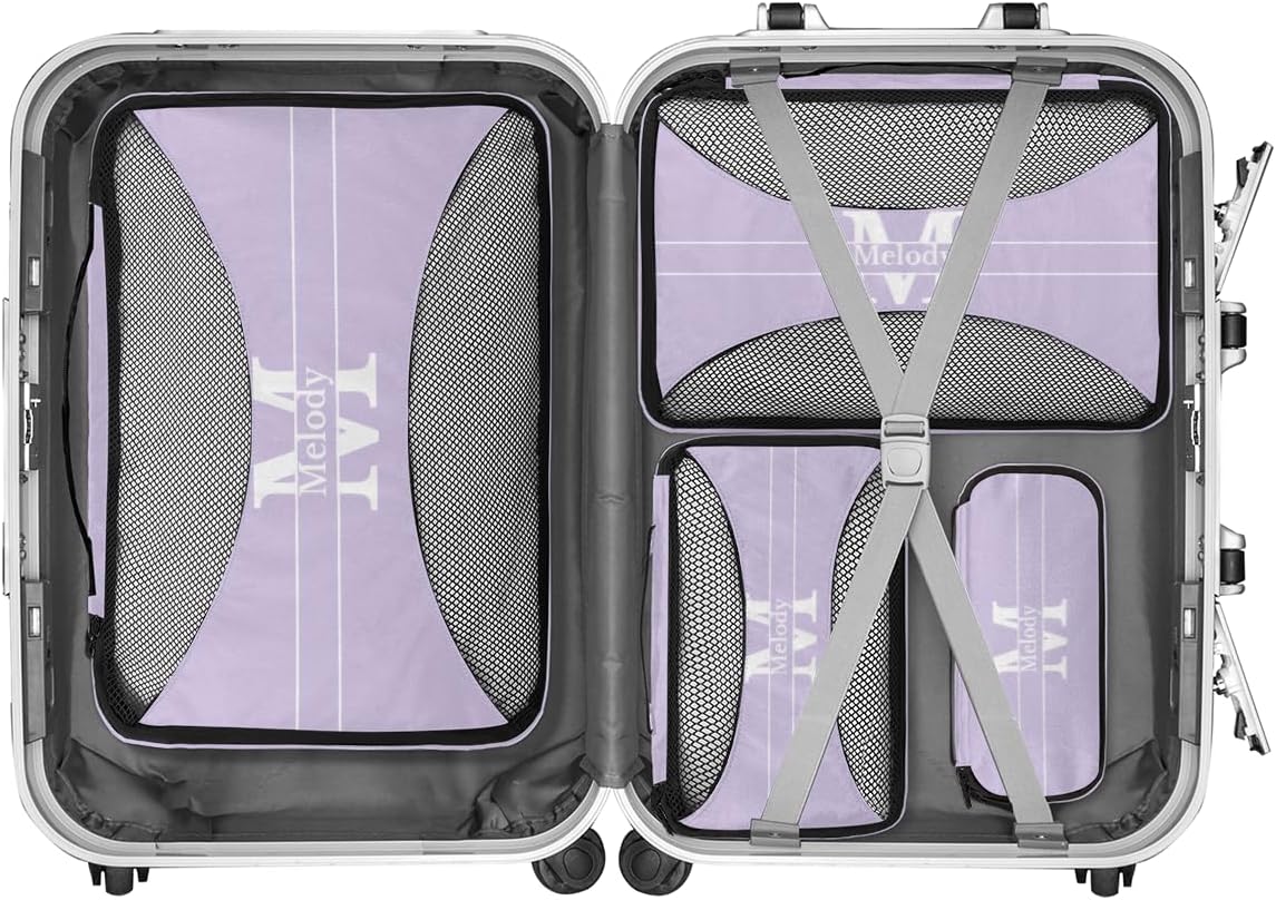 Custom Packing Cubes with Name - 4 Piece Light Purple Packing Cubes Compression Luggage Suitcase Organizer Set with Initial Letter